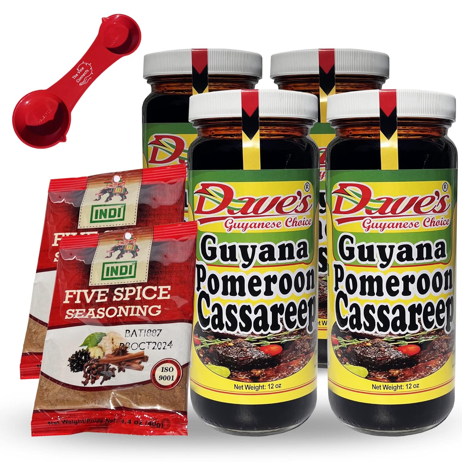 Dave’s Salsa cassareep de 12 onzas (4 botellas) adobo a base de yuca guyanesa con 2 paquetes de mezcla de condimentos Indi Five Spice y cuchara