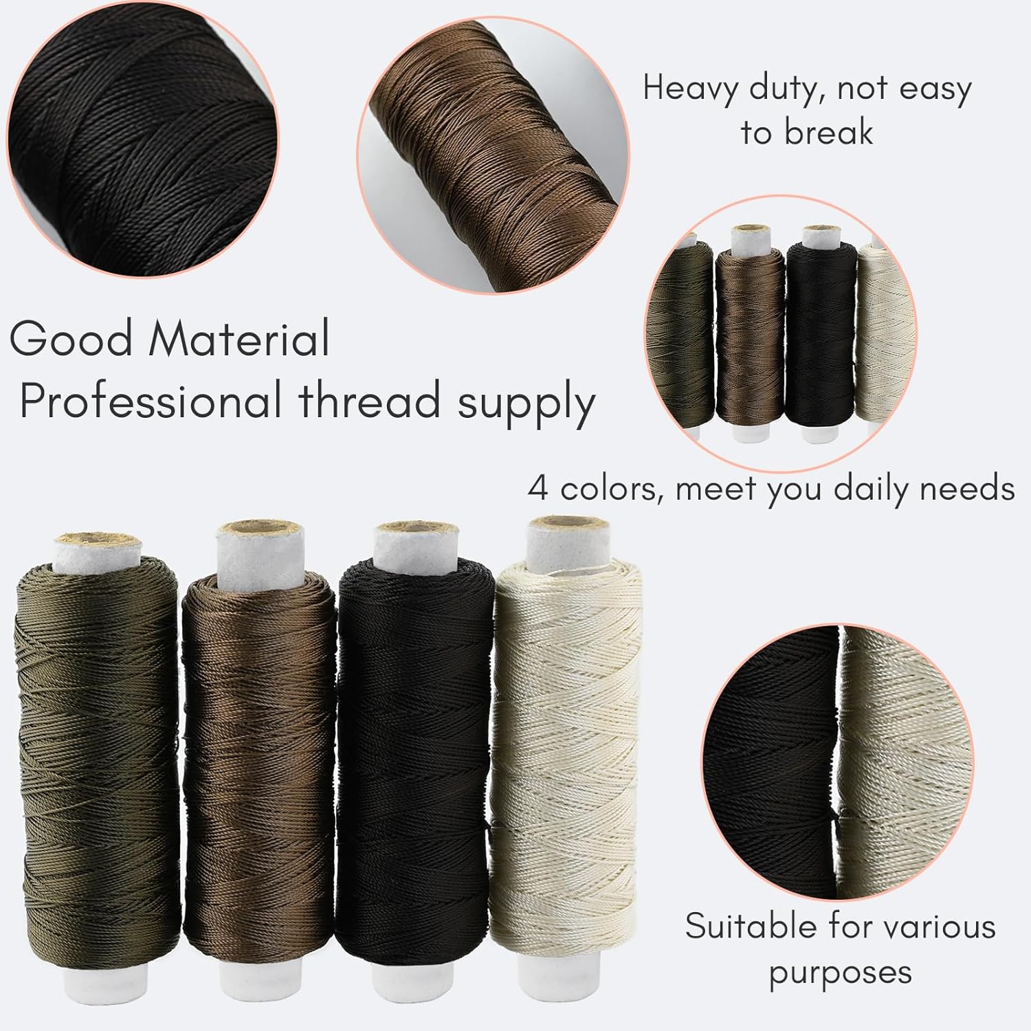 4 rollos de hilos de coser para coser a mano, extensiones de cabello para hacer pelucas de bricolaje (negro, marrón, marrón oscuro, color beige) (4
