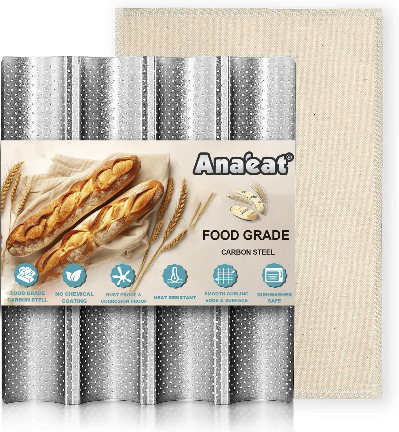 Anaeat Sartén antiadherente para pan de baguette francesa con tela gruesa profesional a prueba de masa, bandeja larga para hornear pan de masa madre