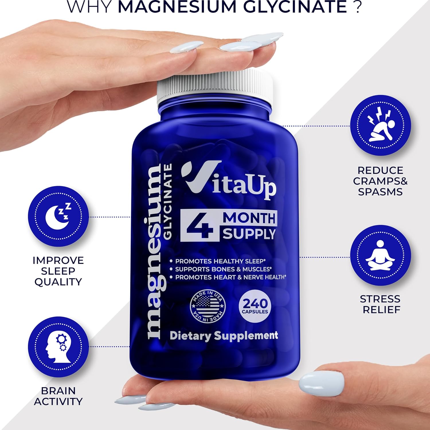 VitaUp Glicinato de magnesio 200 mg  Bisglicinato de magnesio fabricado en Estados Unidos  Alivio del estrés y corazón, músculo, metabolismo, apoyo