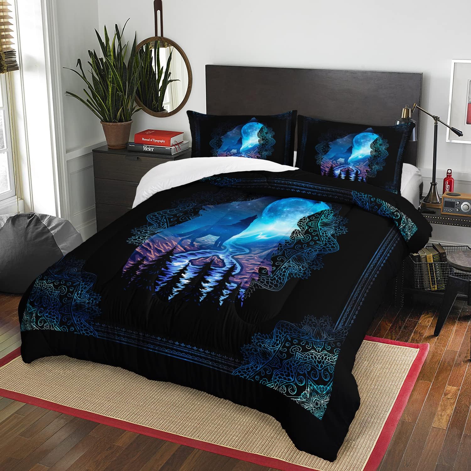 AILONEN Juego de edredón de lobo, tamaño Queen, juego de edredón bohemio de lobo aullando de lobo, juego de ropa de cama para niños y niñas de 3