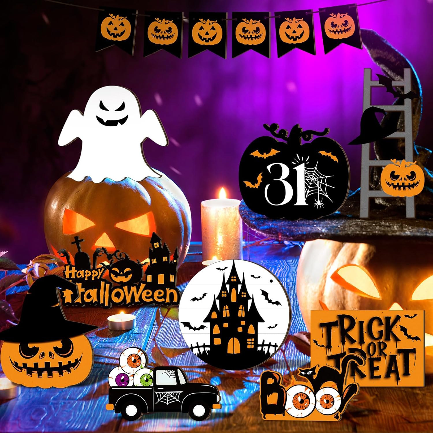 Geetery Juego de 18 piezas de decoración de Halloween para bandejas escalonadas de Halloween, letrero de madera, lindo gnomo de felpa, calabaza,