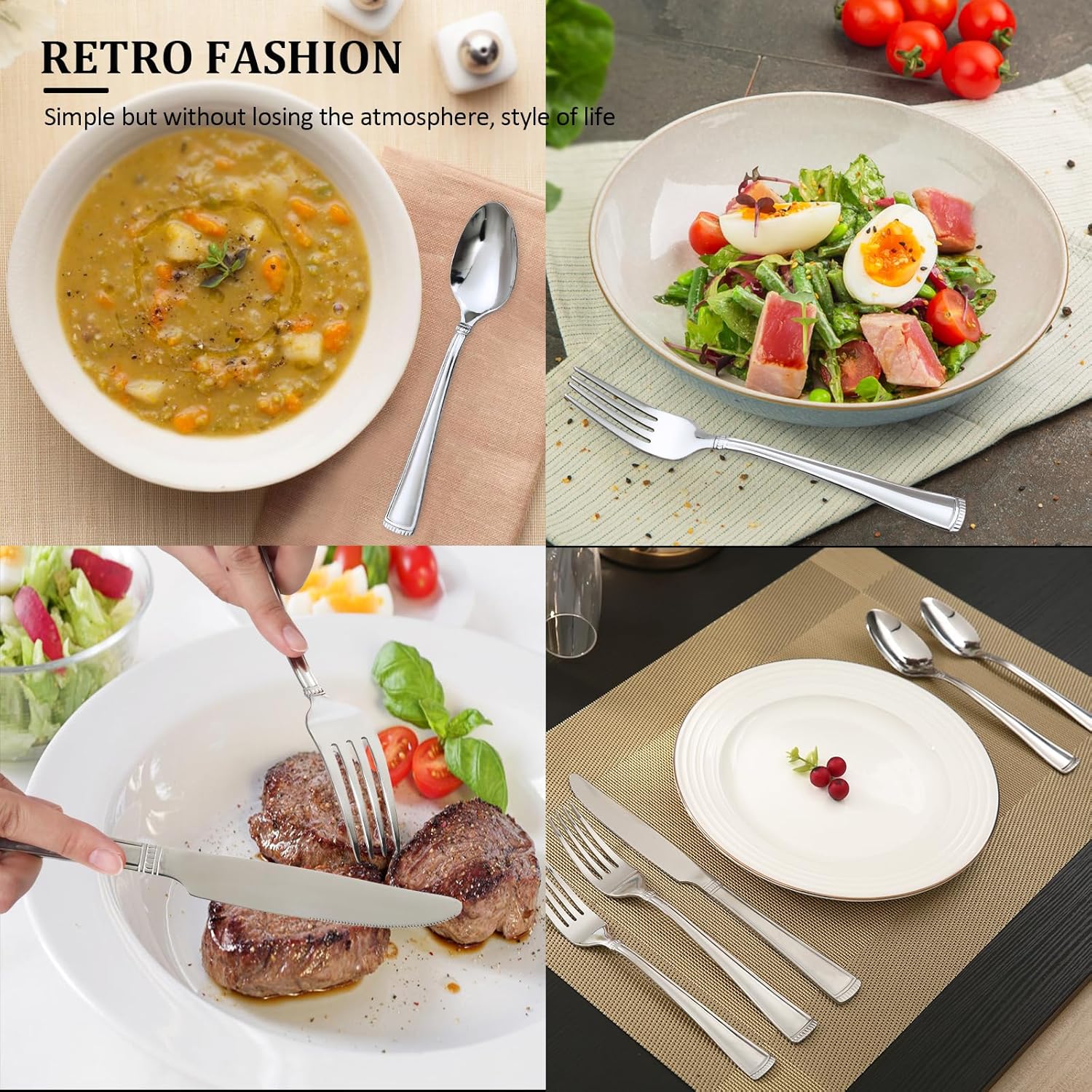 Lorena MAIT – Juego de cubiertos de acero inoxidable de 20 piezas (tenedor de cena, tenedor de ensalada, cuchillo, cuchara, cucharadita) en