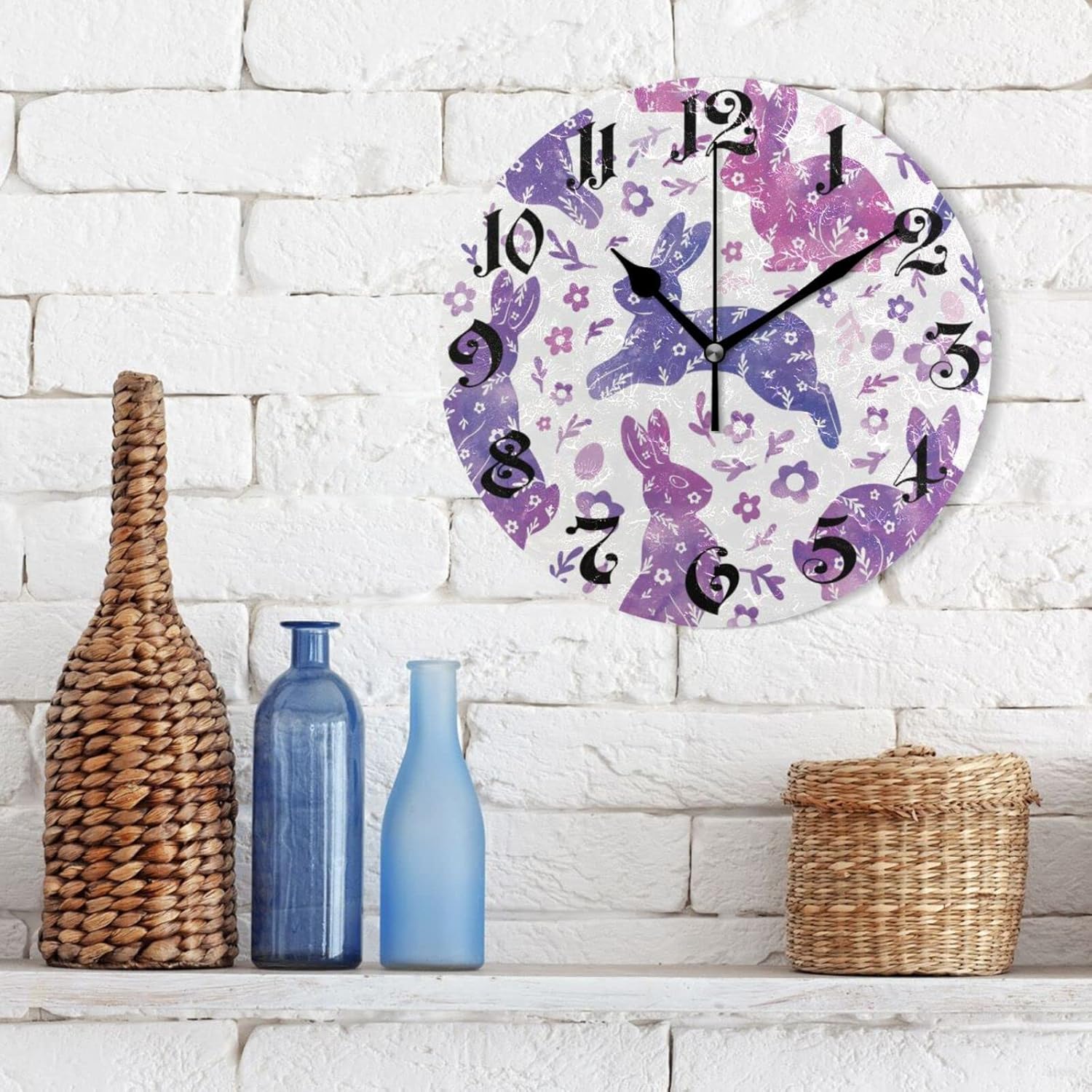 ZOEO Reloj de pared redondo de 10 pulgadas, silencioso, sin tictac, reloj de pared con conejito morado, funciona con pilas, para decoración de sala
