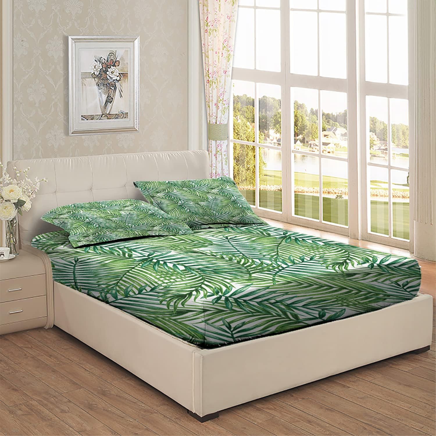 Juego de sábanas bajeras tamaño matrimonial, diseño botánico de palmeras salvajes, juego de ropa de cama de 3 piezas con estampado decorativo,