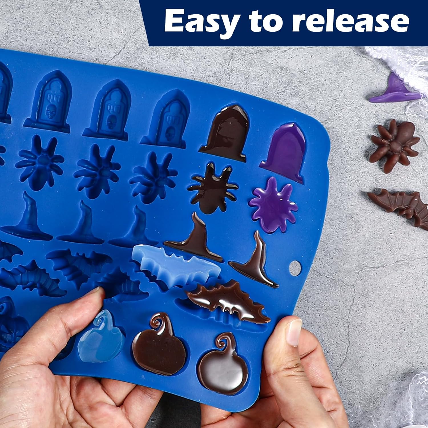 Moldes de dulces de Halloween, 2 piezas de 30 cavidades de Halloween de gomitas de chocolate, molde de silicona, azul