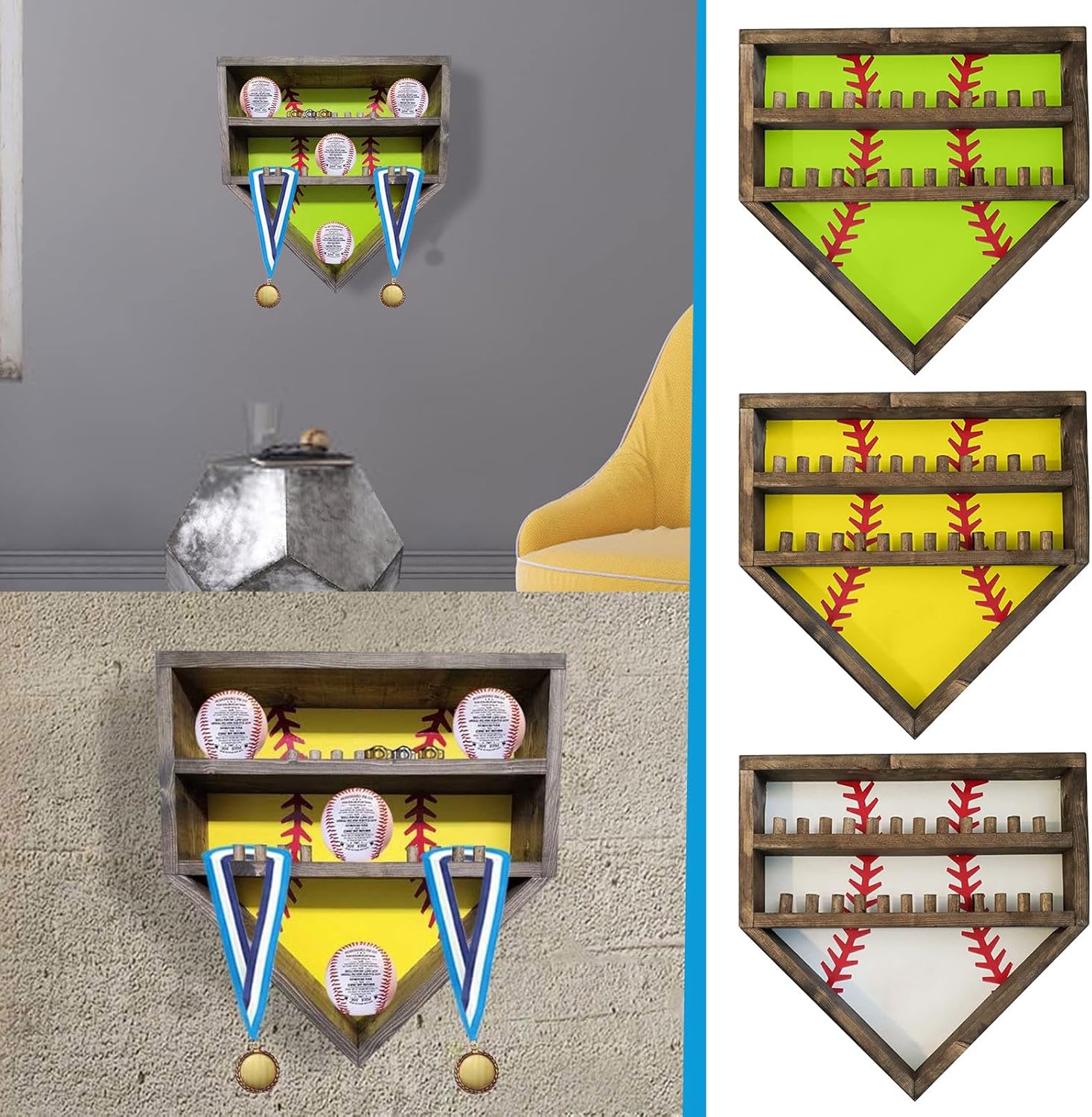 Soporte de exhibición de béisbol rústico de madera, estante de almacenamiento de anillos de béisbol y campeonato, soporte de exhibición de