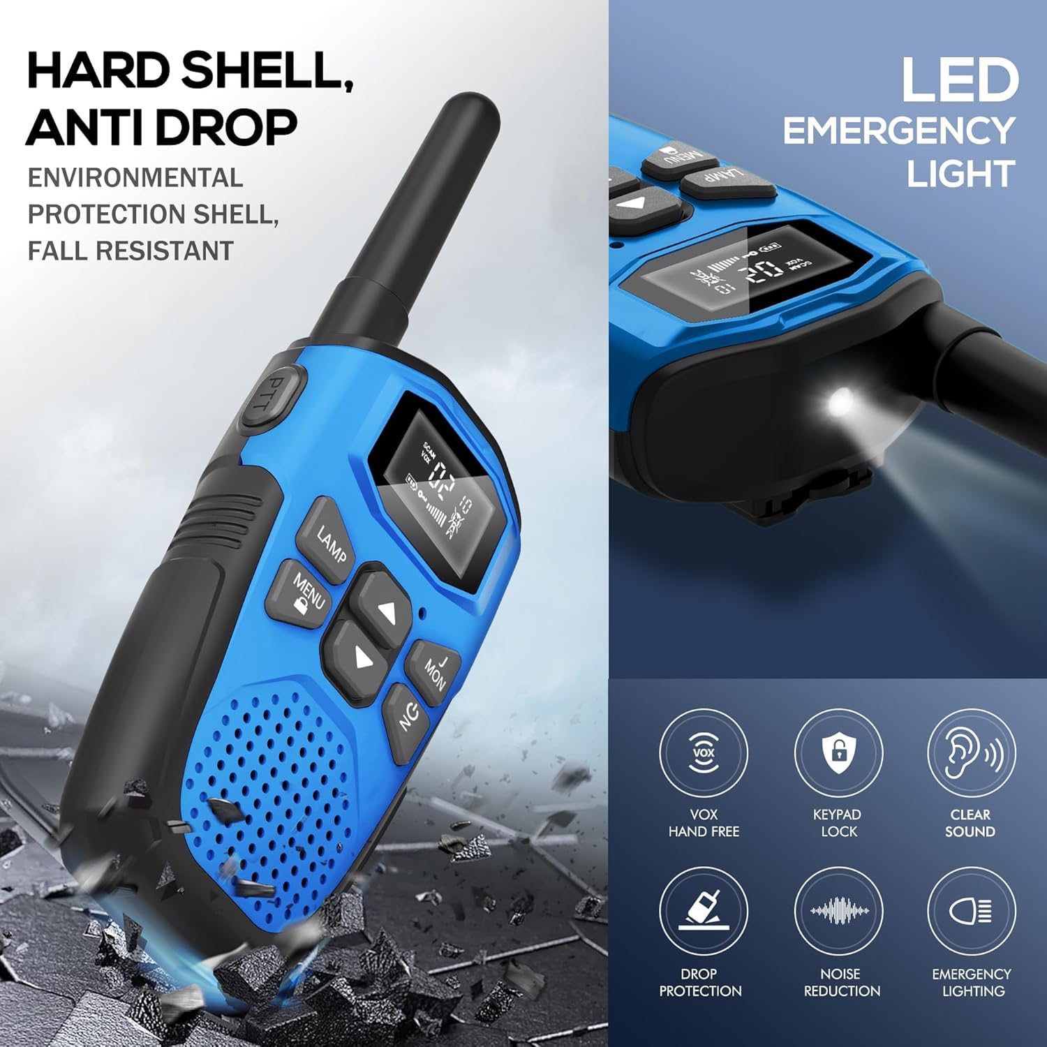 Walkie Talkie para adultos de largo alcance, NXGKET recargable, paquete de 4 baterías de iones de litio integradas, 22 canales FRS con cargador tipo