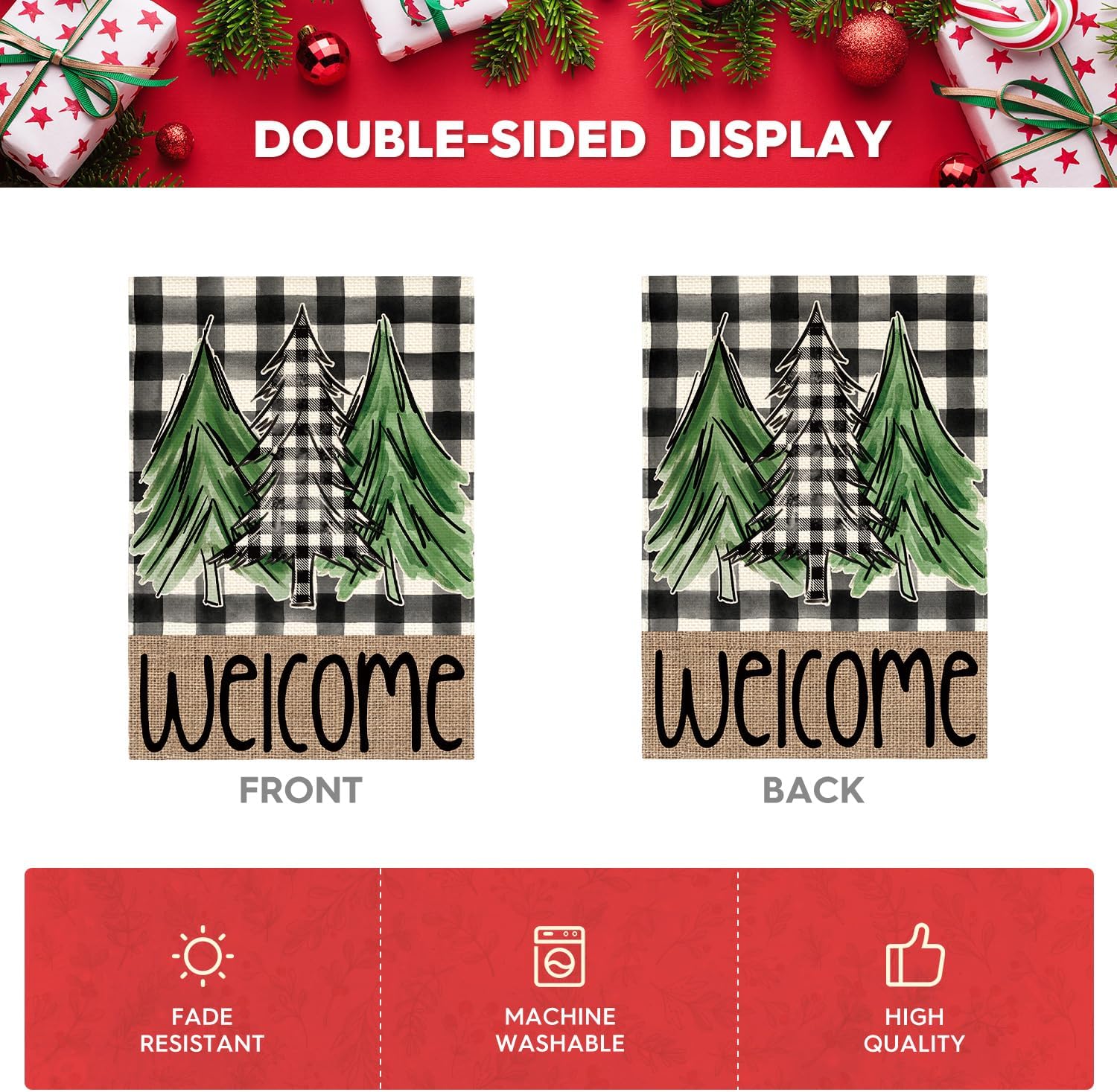 AVOIN colorlife Bandera de jardín para árbol de Navidad a cuadros de búfalo de 12 x 18 pulgadas, doble cara exterior, bandera decorativa para