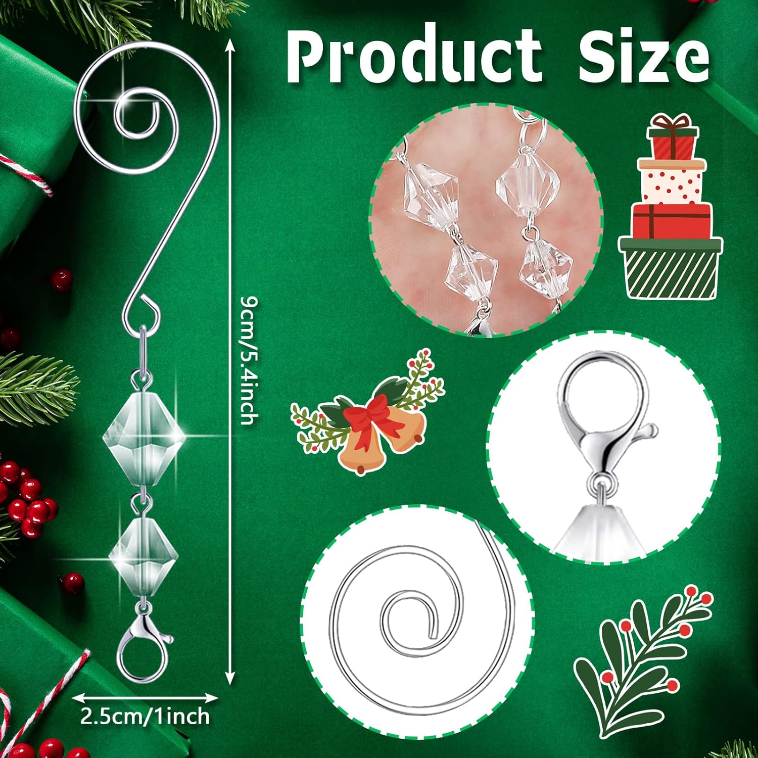 Bucherry 100 ganchos decorativos para adornos de árbol, ganchos decorativos de alambre acrílico transparente, gancho en S con garras de langosta