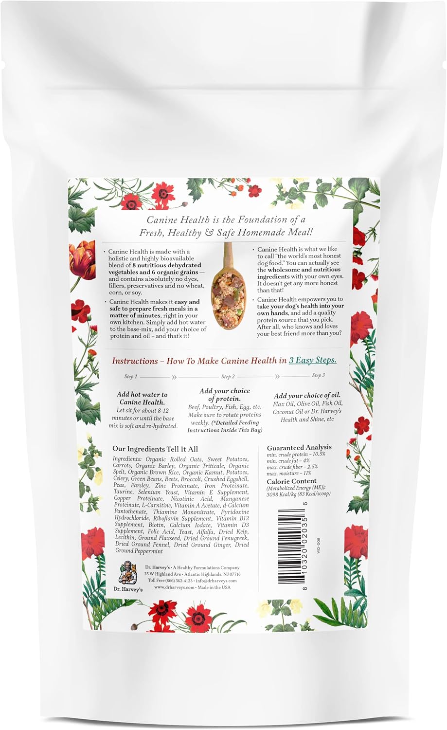 Dr. Harvey’s Canine Health Miracle Dog Food, mezcla de base deshidratada de grado humano para perros con granos enteros orgánicos y verduras (tamaño