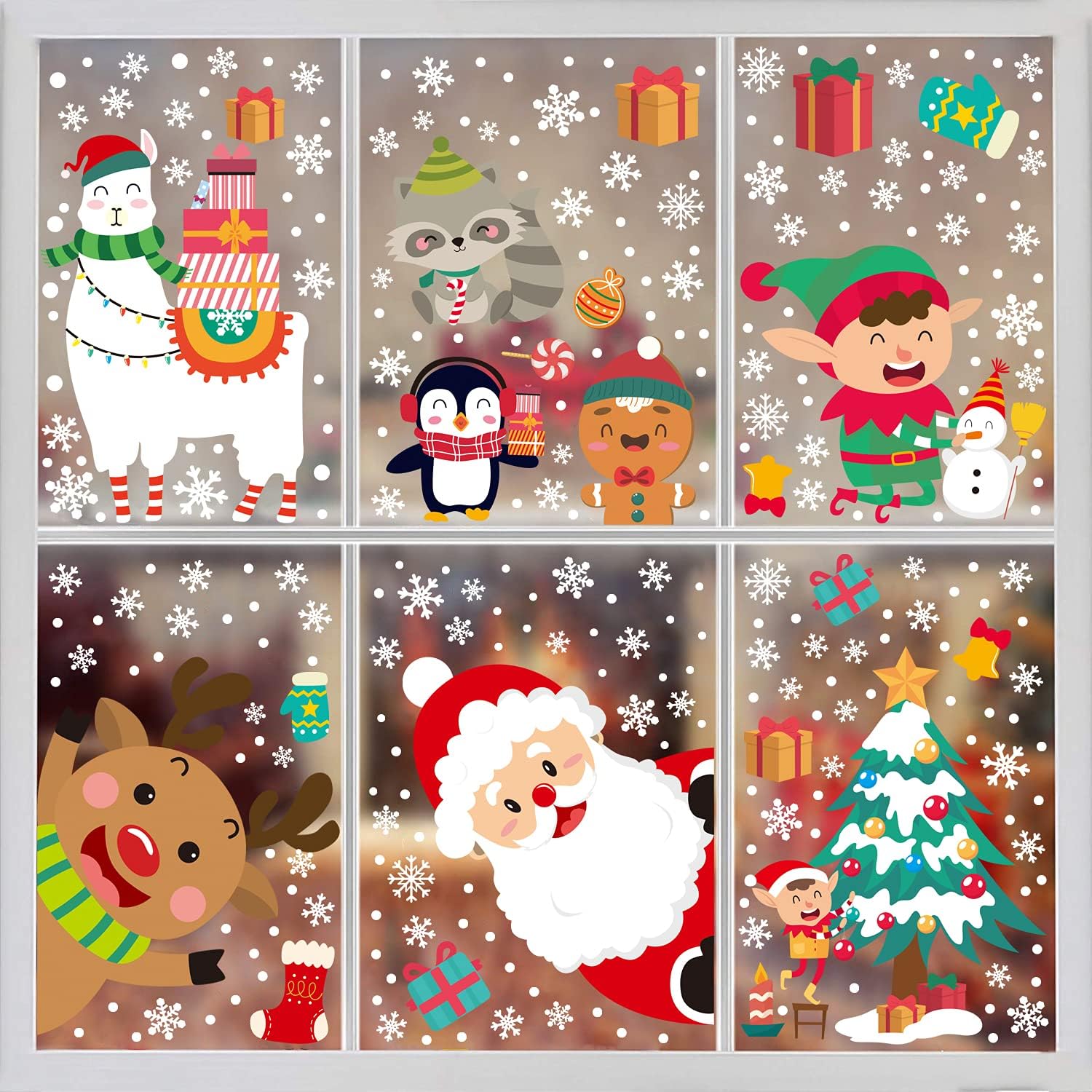 Decoración navideña para ventana, 8 hojas de calcomanías de Navidad para ventana, diseño de copos de nieve de renos de Papá Noel, decoración de