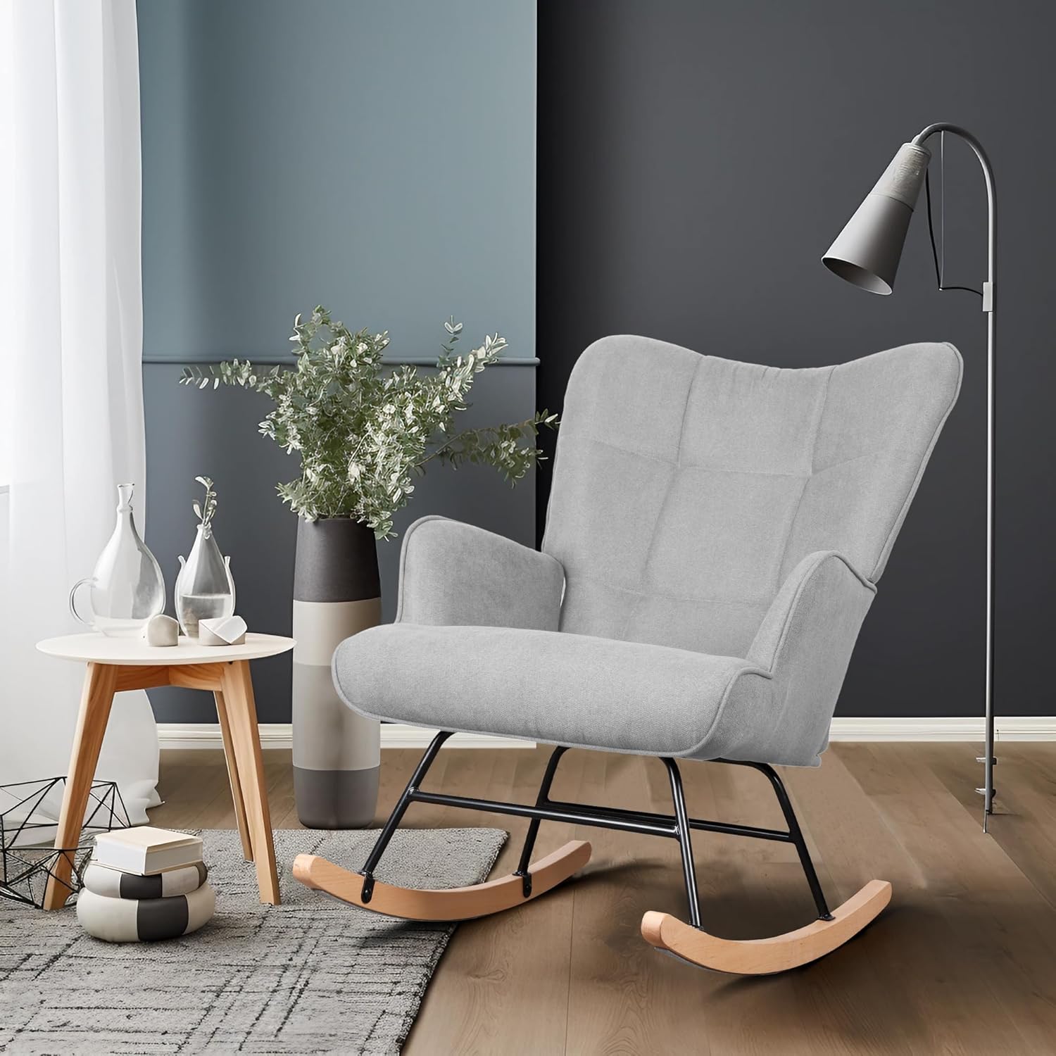 Polar Aurora Mecedora tapizada de tela para guardería, silla deslizadora con patas de metal de madera resistentes para sala de estar, dormitorio,