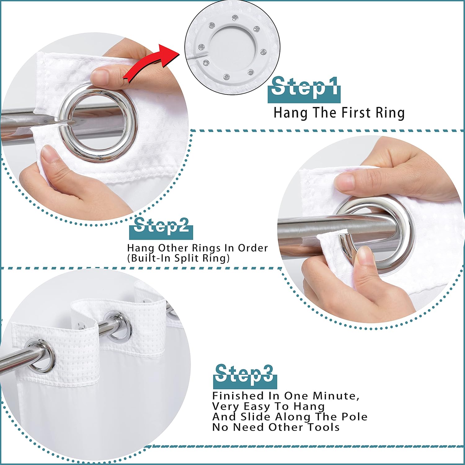Conbo Mio Juego de cortina de ducha de tela blanca de grado hotelero con forro a presión para baño con imanes y ventana superior de malla, lavable a