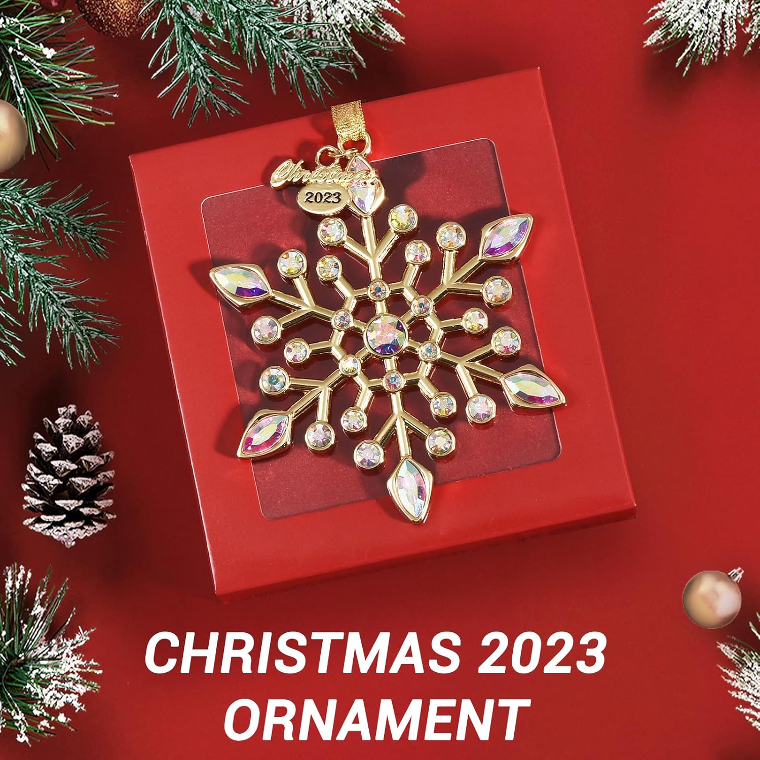 Venhoo Adornos navideños de copo de nieve 2023, diamantes de imitación metálicos colgantes con purpurina, copos de nieve, decoración de árbol de
