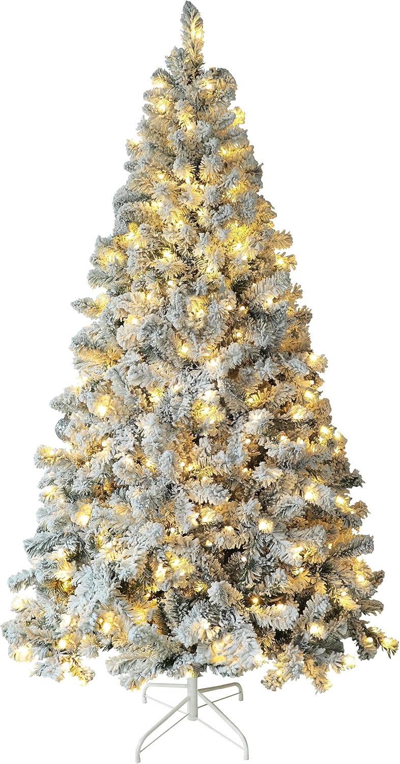 MUPATER Árbol de Navidad artificial de 8 pies, preiluminado con nieve flocada y soporte de metal, luces blancas cálidas, decoración navideña para el