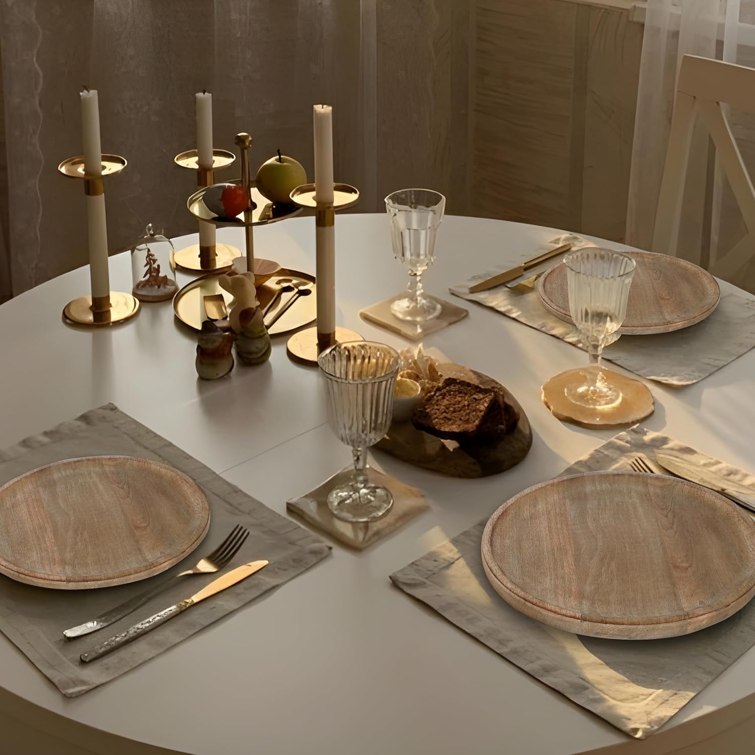 Lightnpro – Platos redondos de madera  Platos de carga de madera natural hechos a mano de 13 pulgadas, platos ligeros de fácil limpieza para platos,