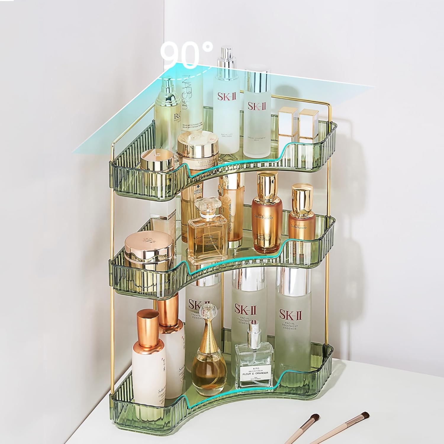 Organizador de maquillaje para esquina de baño, soporte organizador de maquillaje verde de 3 niveles, estante de perfume acrílico de gran capacidad,