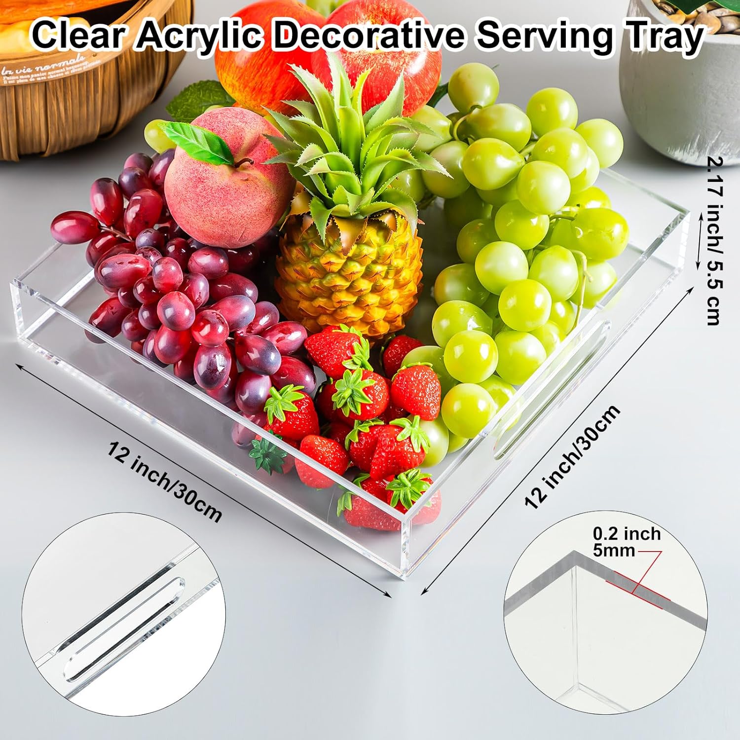 3 bandejas otomanas de acrílico con asa, bandejas decorativas de acrílico para servir, bandeja organizadora de encimera, a prueba de derrames, para