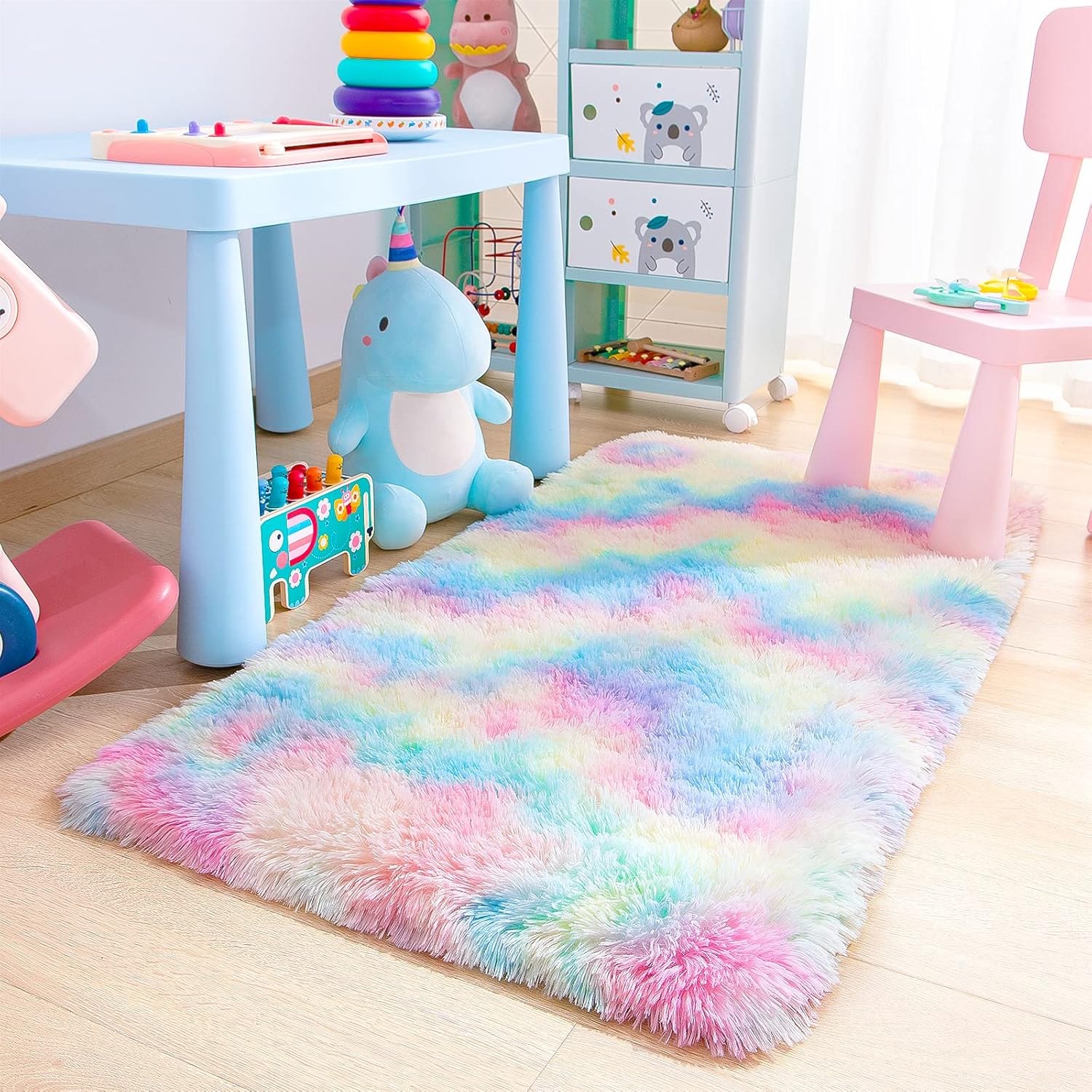 JUNOVO – Alfombras suaves de arcoíris para habitación de niñas, alfombras coloridas y esponjosas para el suelo, alfombra de juego lanuda para niños,