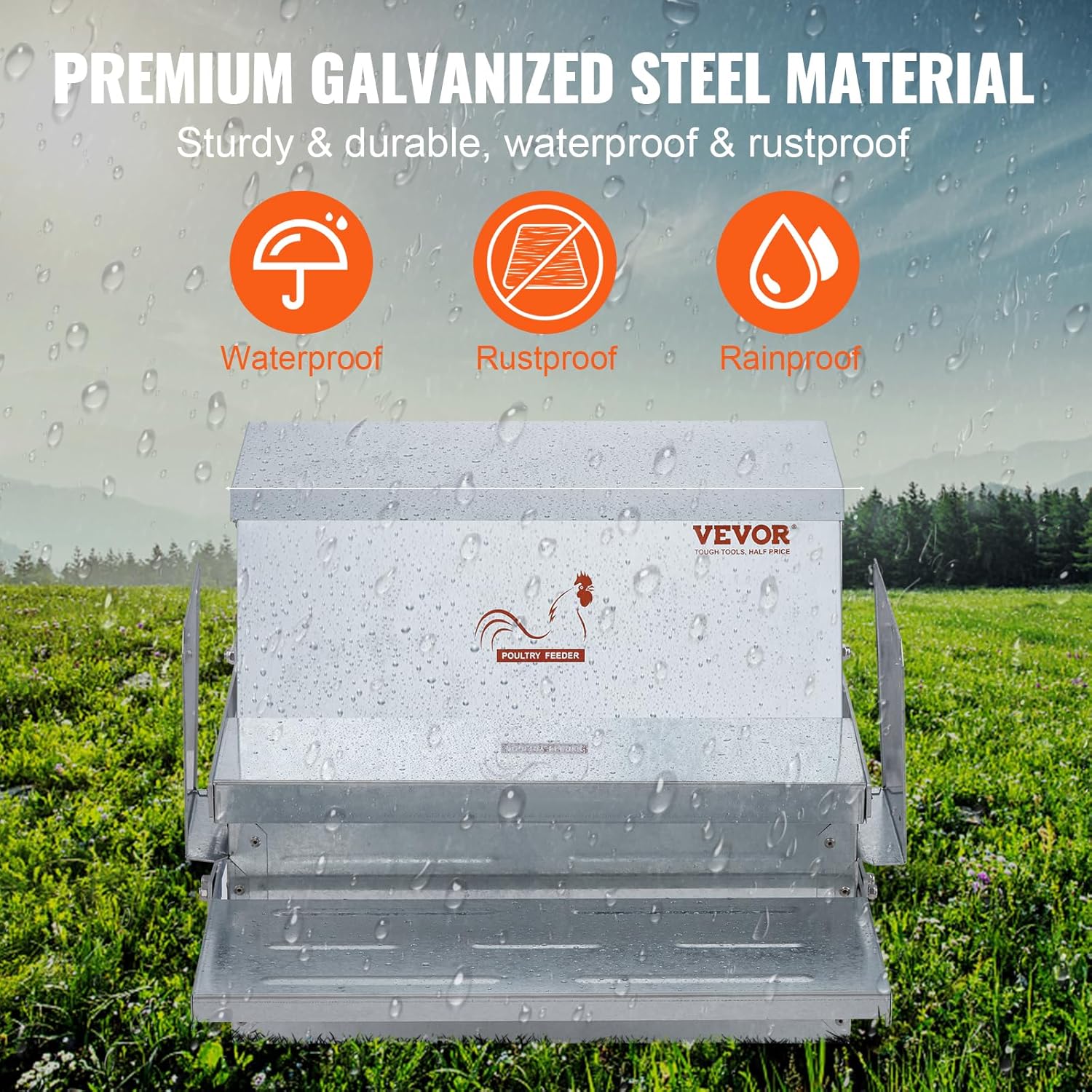 VEVOR CF-25 – Alimentador automático para aves de corral de acero galvanizado con tapa impermeable, prevención de aves, para pollos, faisanes,