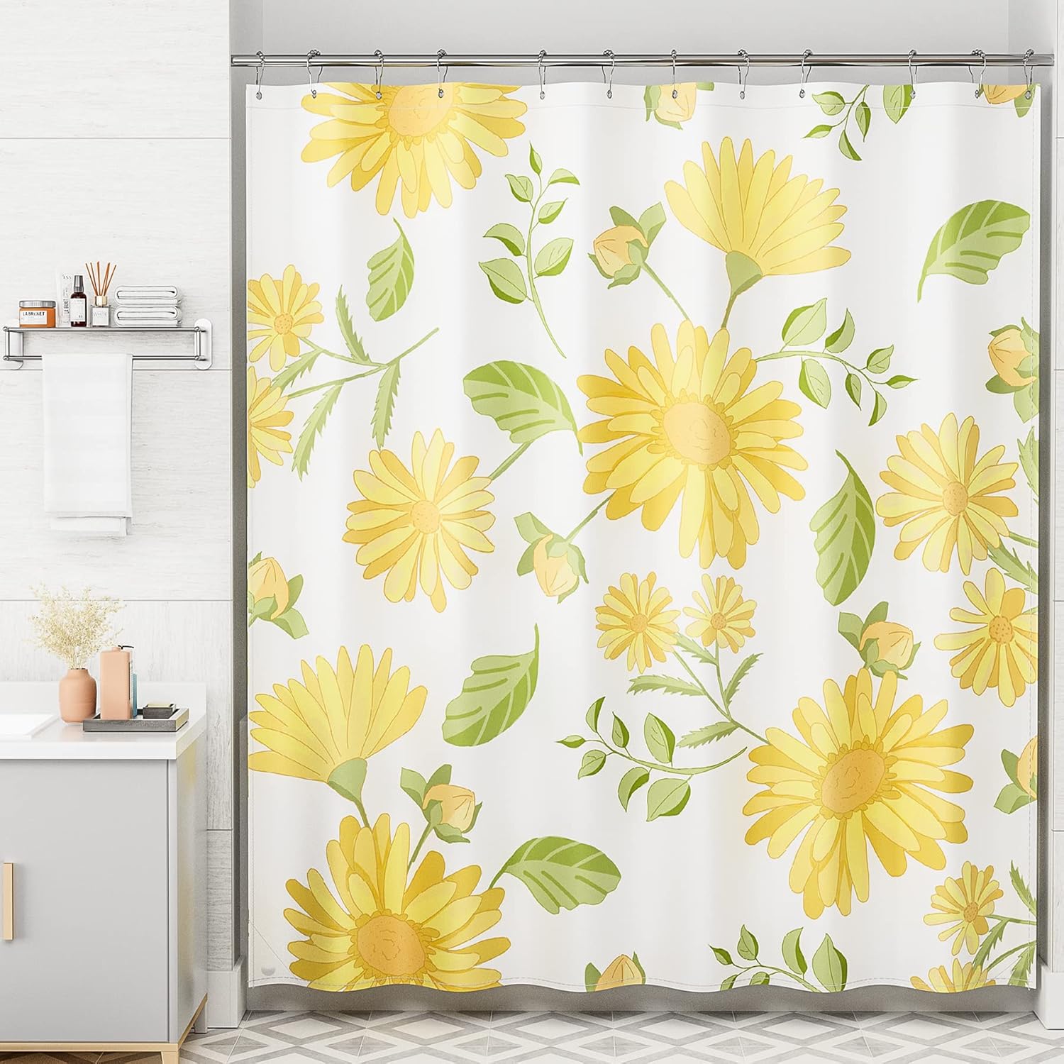 AmazerBath – Juego de cortina de tela para ducha con 12 ganchos, cortina bohemia con diseño de gerbera amarilla, cortina lavable para ducha y baño,
