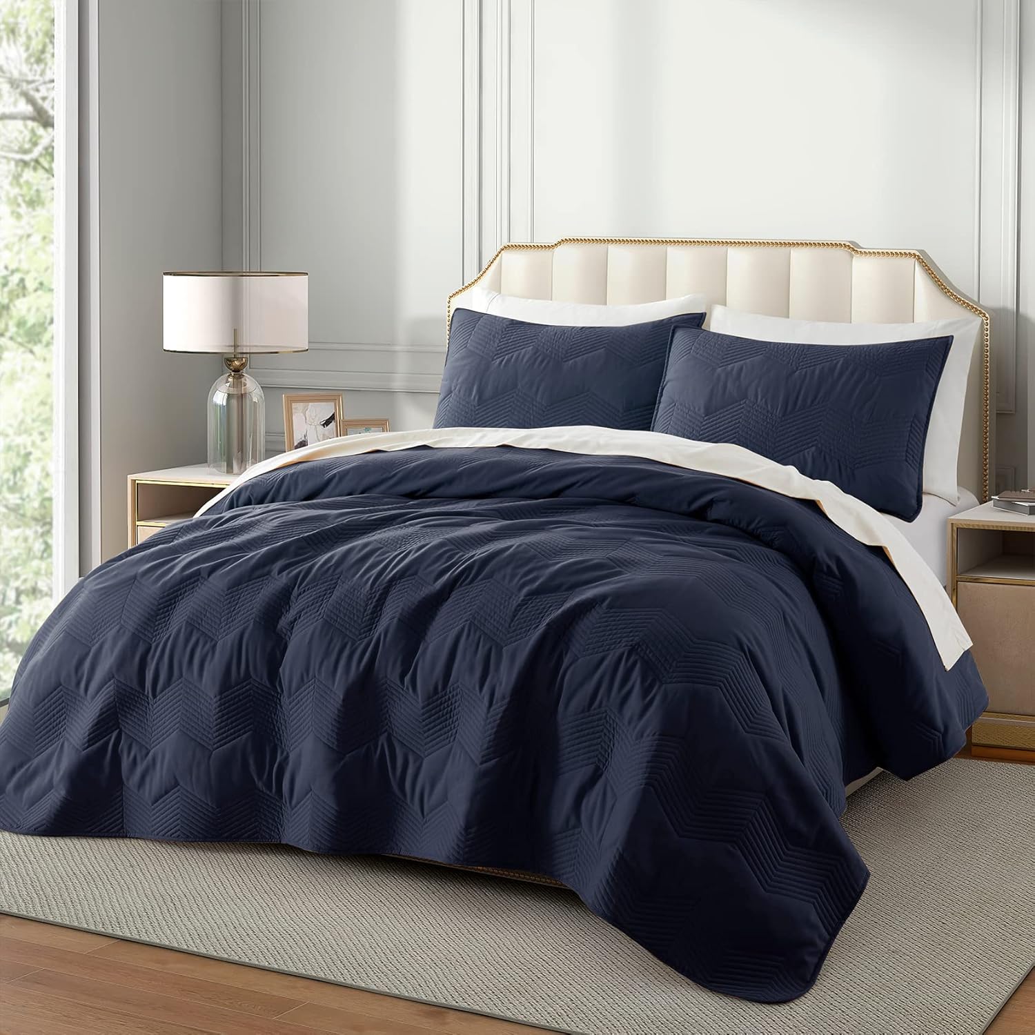 Juego de edredón Queen azul marino con patrón de cheurón, colcha de microfibra ligera de verano, juego de ropa de cama suave para todas las