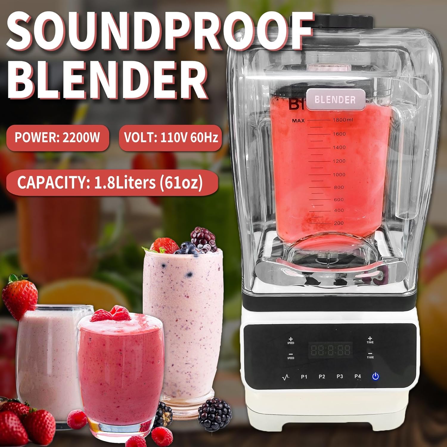 Licuadora comercial con escudo de sonido, licuadora de 1.8 L (61 onzas) para cocina para batidos, licuadora profesional de encimera para batidos de