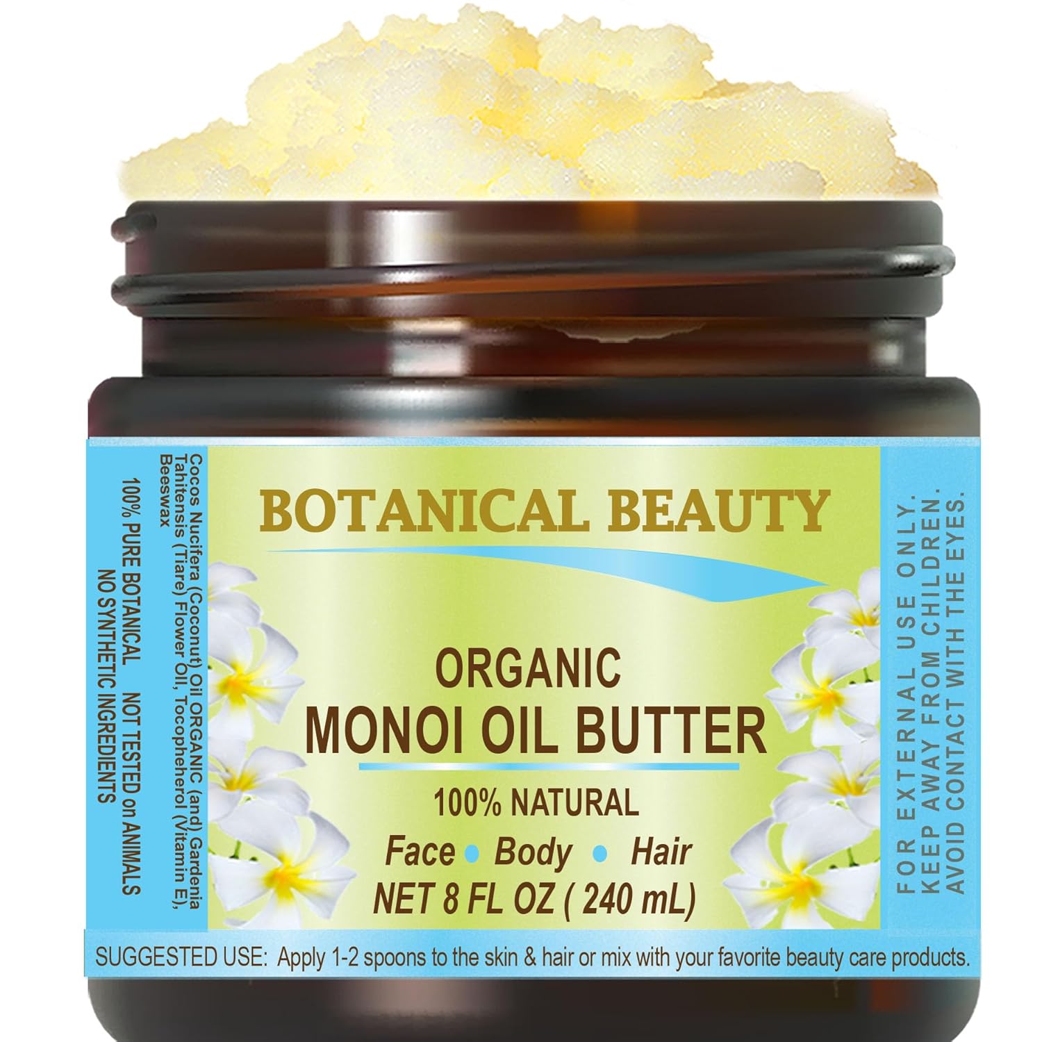 MANTECA DE ACEITE MONOI ORGÁNICO 100% Aroma Natural. 8 Fl.oz.- 8.1 fl oz. Para el cuidado de la piel, cara, cabello y uñas.