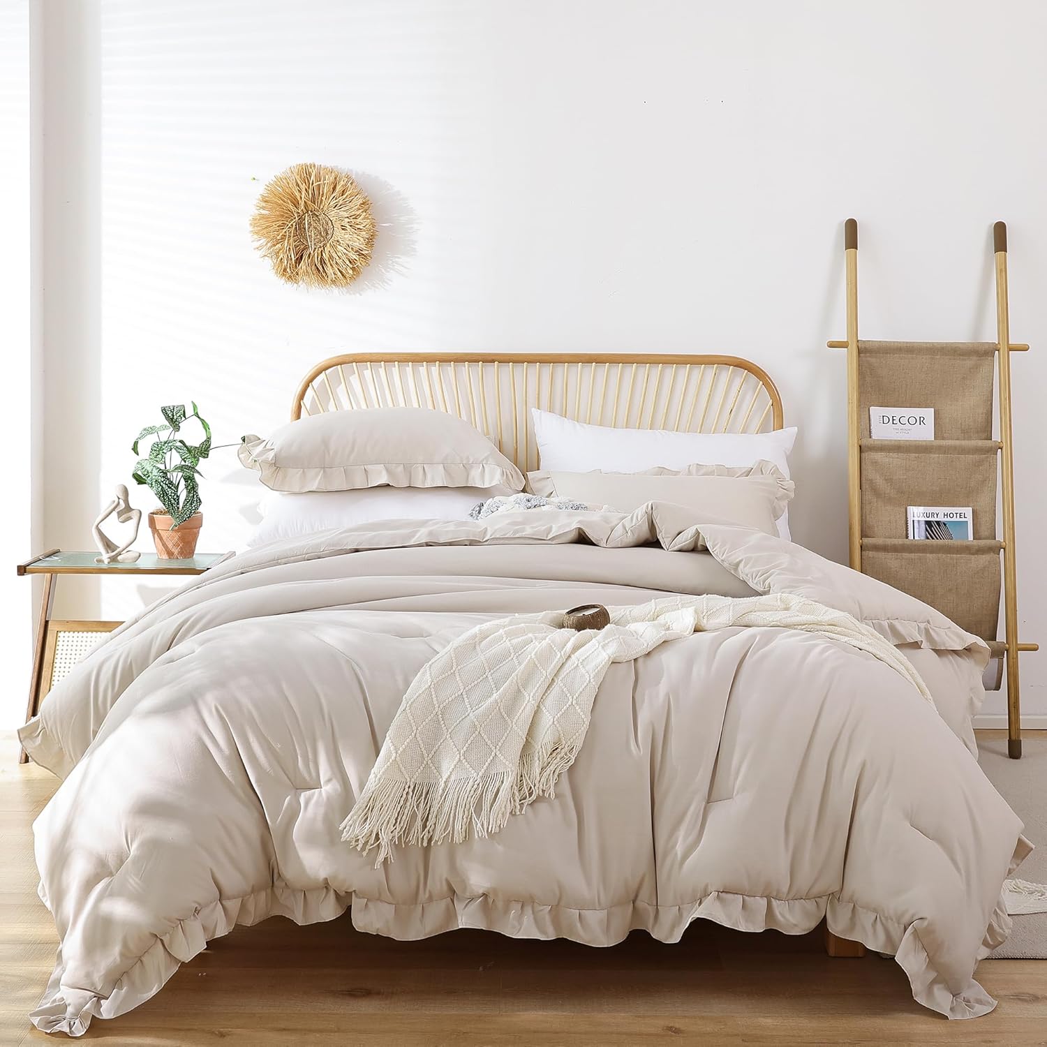 JANZAA – Juego de 1 edredón acolchado tamaño queen y 2 fundas de almohada, con volantes, suaves, de estilo vintage, shabby chic para todas las