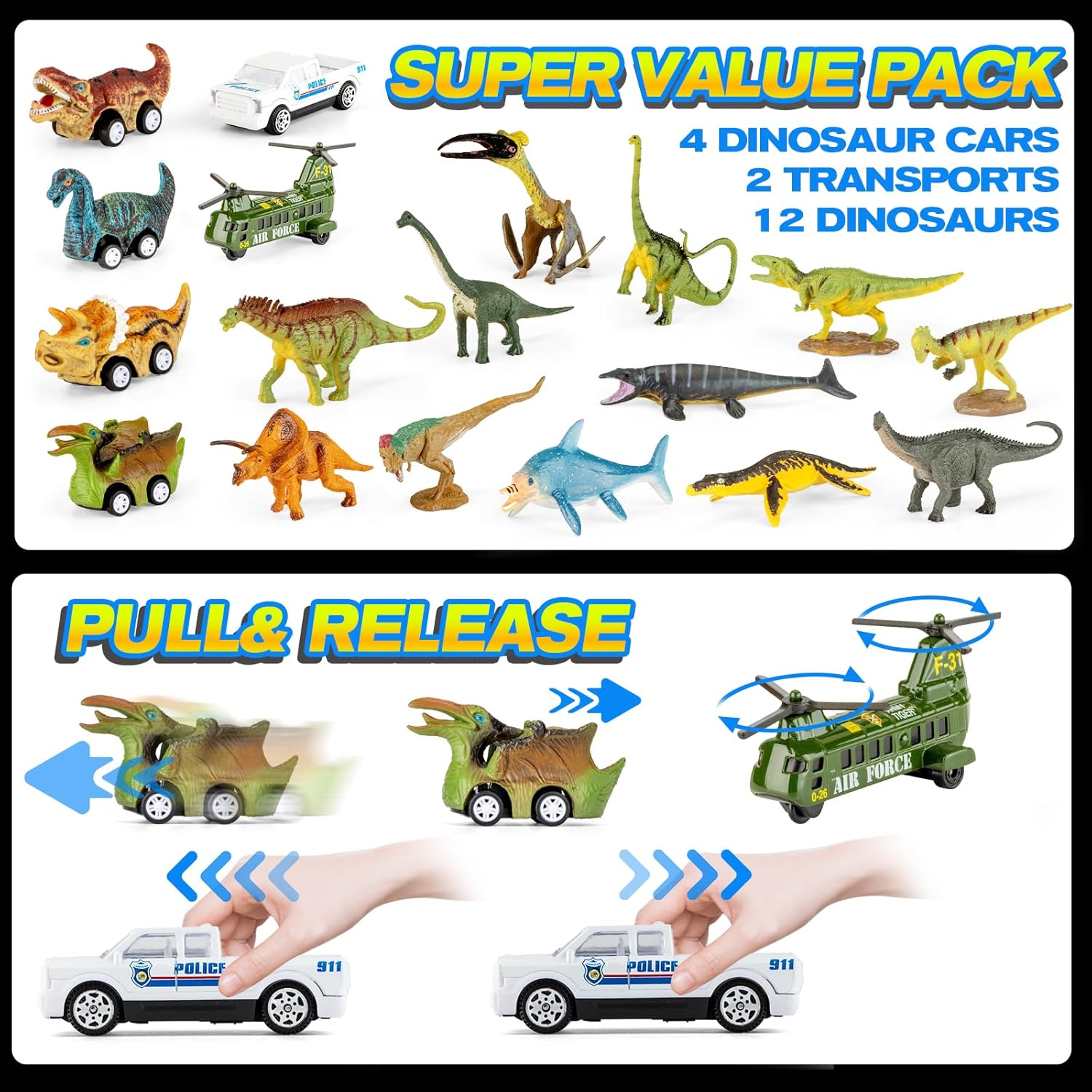 BOKABOKA Camión de dinosaurio 19 en 1 para niños, 12 mini dinosaurios, 4 autos de tracción de dinosaurio, 2 vehículos transportadores de transporte