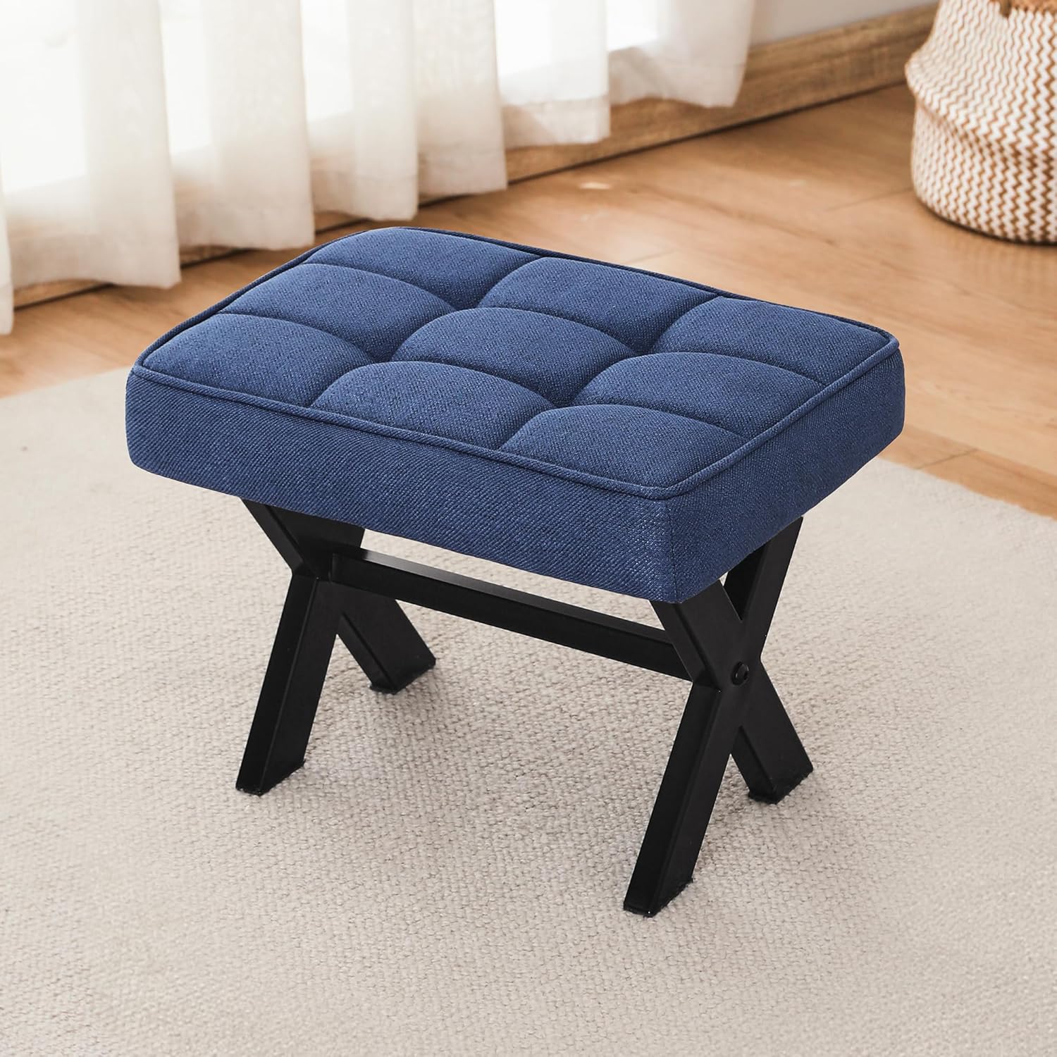 LUE BONA Taburete para pies, taburetes pequeños de 12 pulgadas de alto, reposapiés de tela resistente con patas en X de metal, reposapiés acolchado,