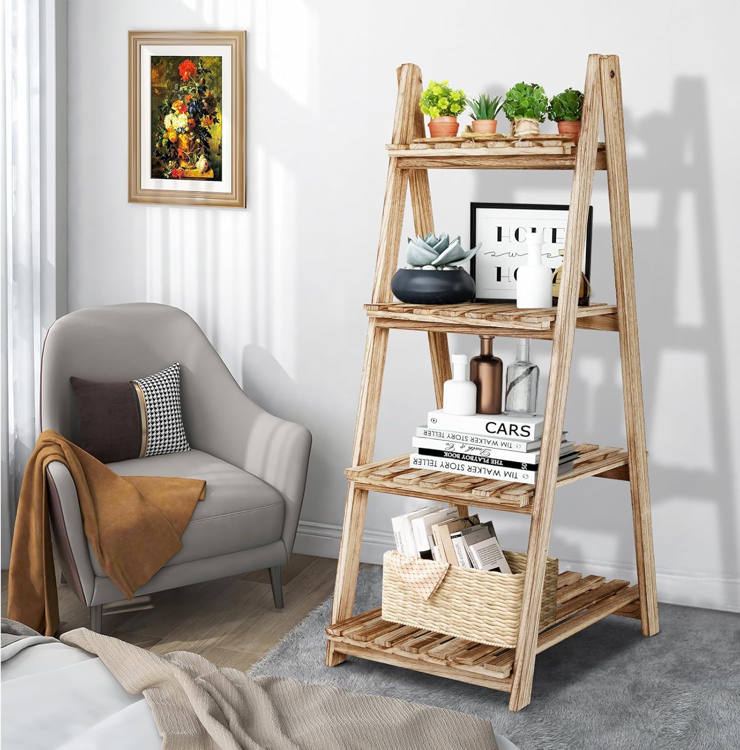 ECOMEX Estante de escalera – Organizador de almacenamiento con estantes de madera rústica de 4 niveles, elegante y funcional soporte para plantas de