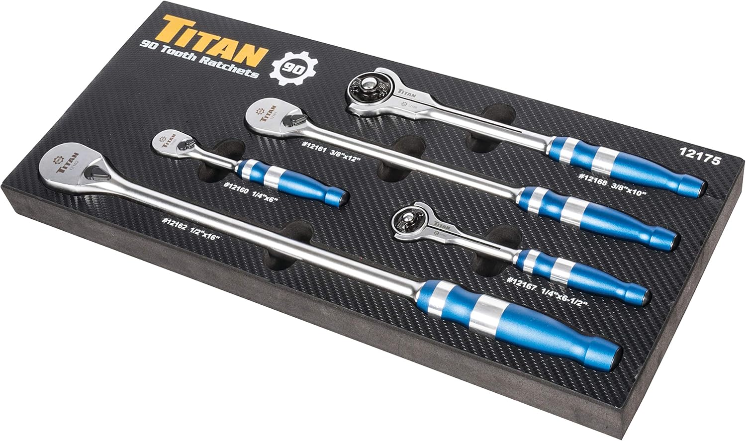 Titan 12175 Juego de trinquete de cabeza giratoria de 90 dientes y cabeza plana de 5 piezas