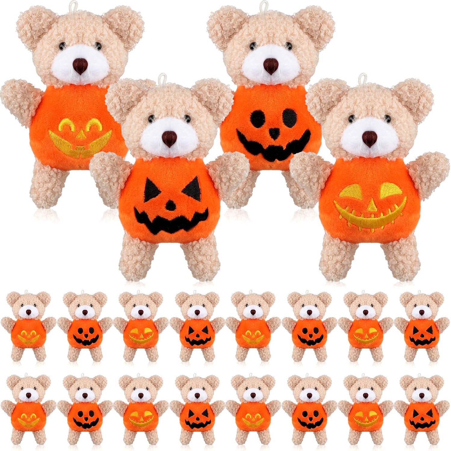 32 piezas de oso de peluche de Halloween con disfraz de calabaza de 4.7 pulgadas, mini oso de peluche con cuerda para colgar, muñeca de oso suave,