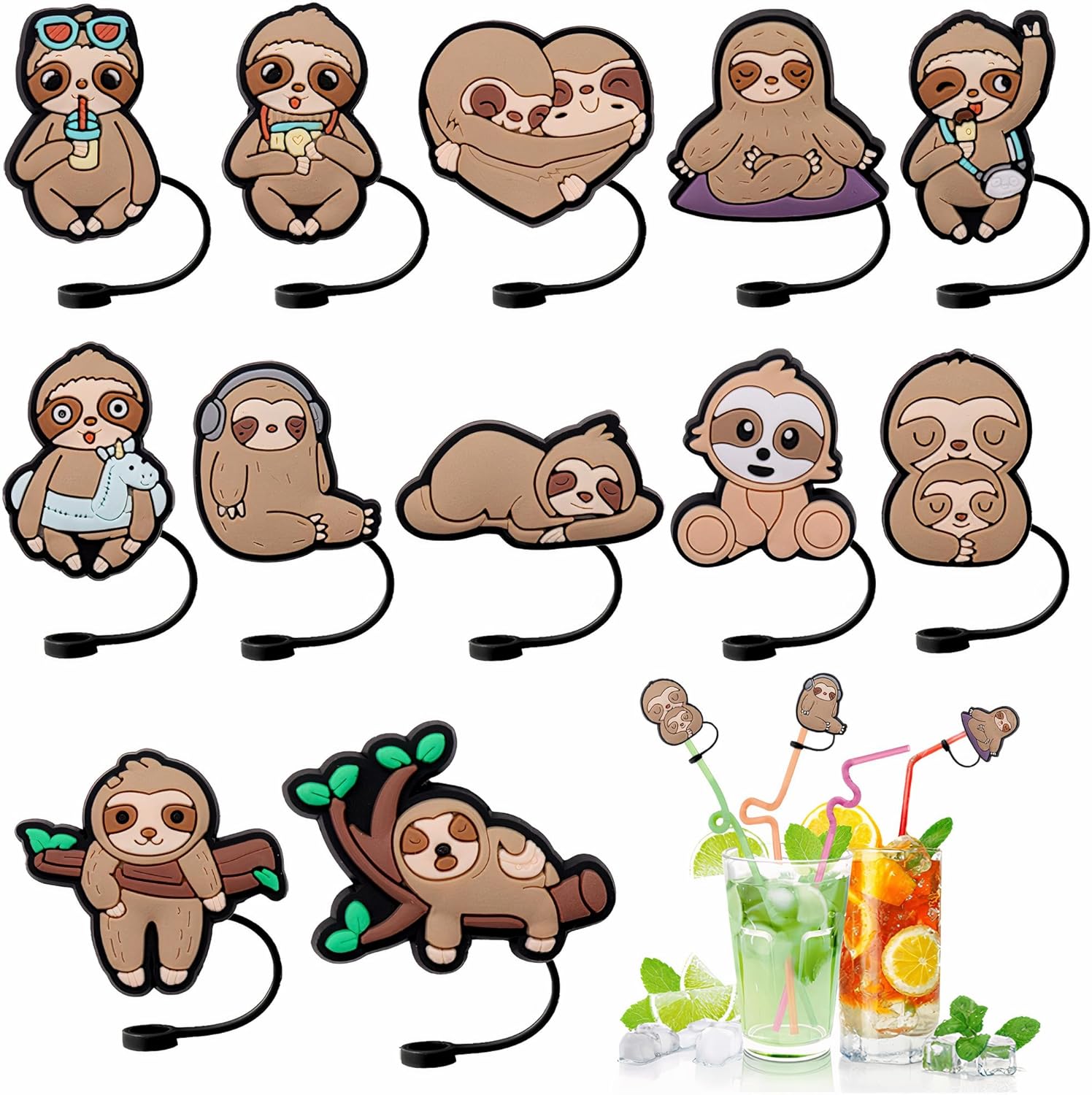 12 fundas de paja de perezoso, de animales del bosque, reutilizables, a prueba de polvo, para fiestas, vacaciones, cumpleaños, tapas de paja de