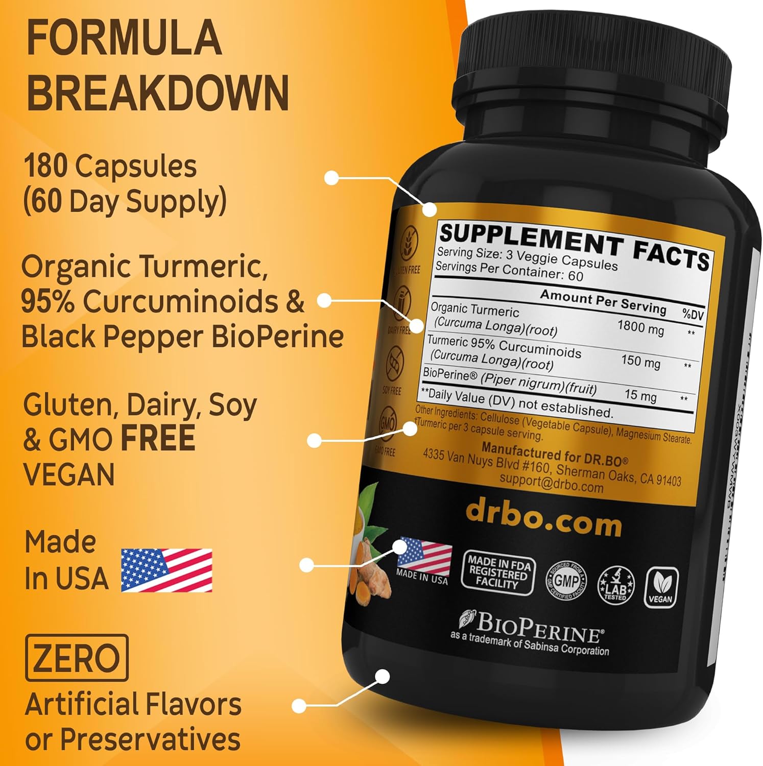 Curcumina de cúrcuma con cápsulas de suplemento BioPerine, suplementos naturales de apoyo articular con 1950 mg de cúrcuma Longa Pure Organic