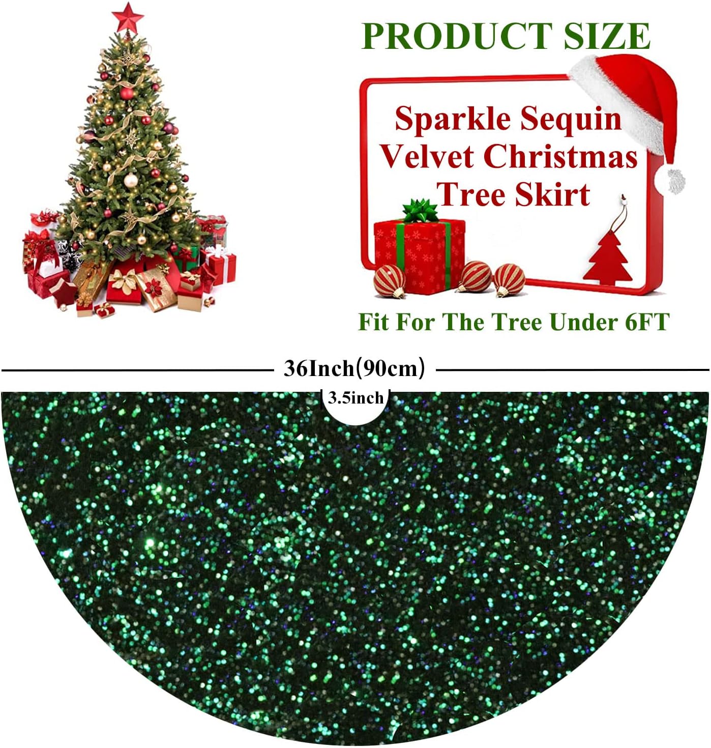 FUHSY Falda de árbol de Navidad de 36 pulgadas, falda de árbol de lentejuelas verde y negra, alfombrillas gruesas de terciopelo para árbol de