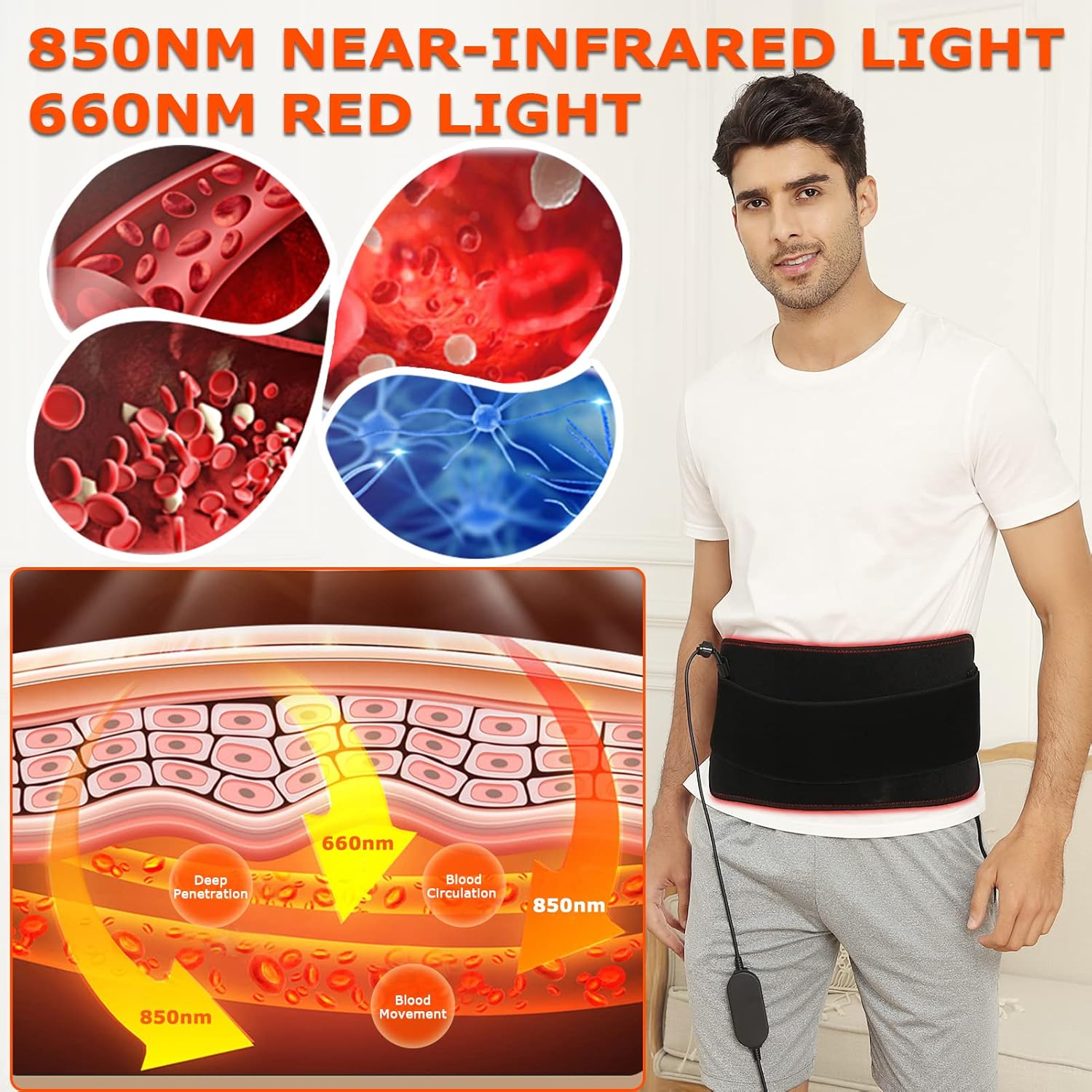 Cinturón de terapia de luz roja para cuerpo, 150 piezas LED de 660 nm y 850 nm de terapia de luz infrarroja cercana con modo de pulso, dispositivo
