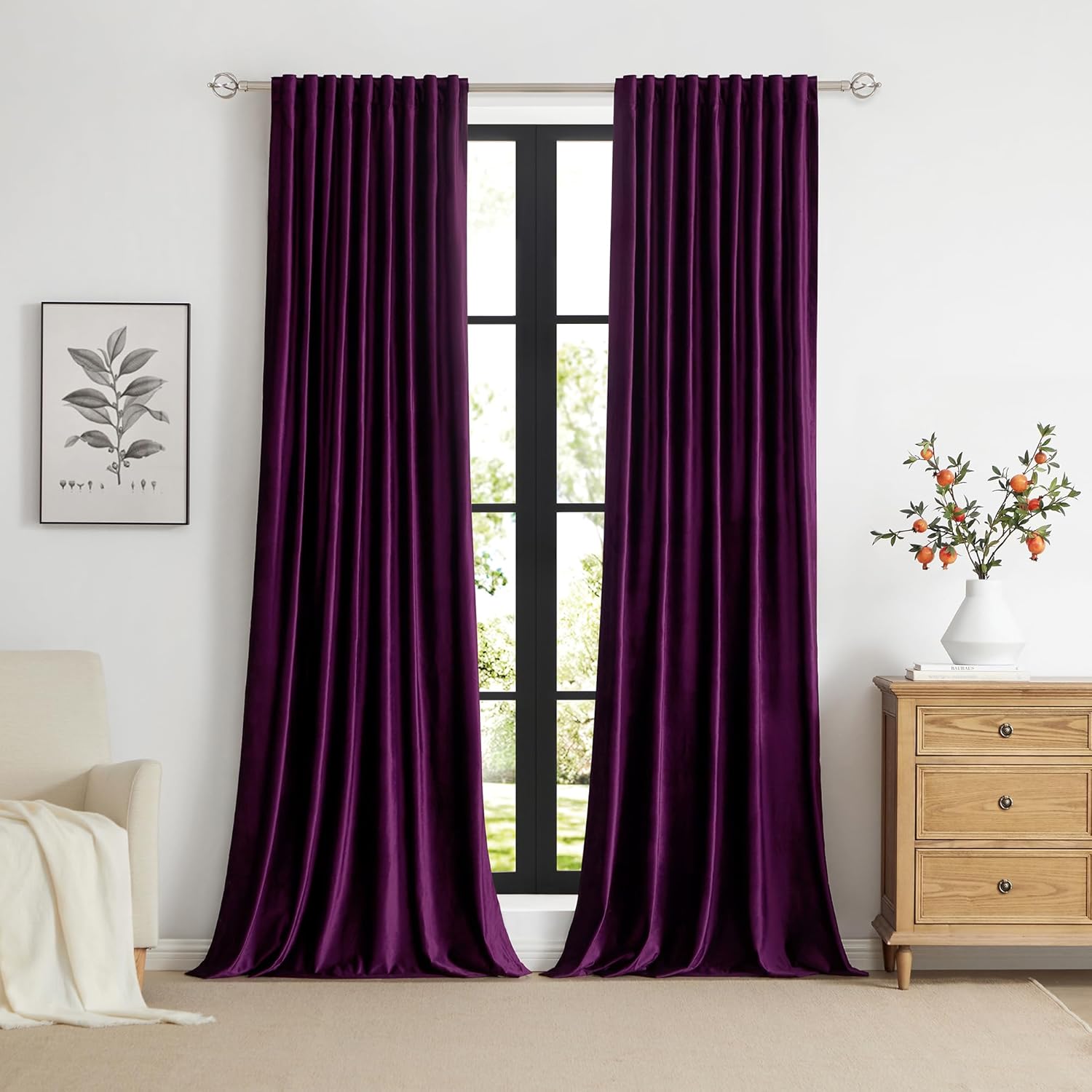 PRIMROSE Cortinas de terciopelo morado de 63 pulgadas de largo para sala de estar, juego de 2 paneles opacos, bolsillo para barra, pestaña trasera,