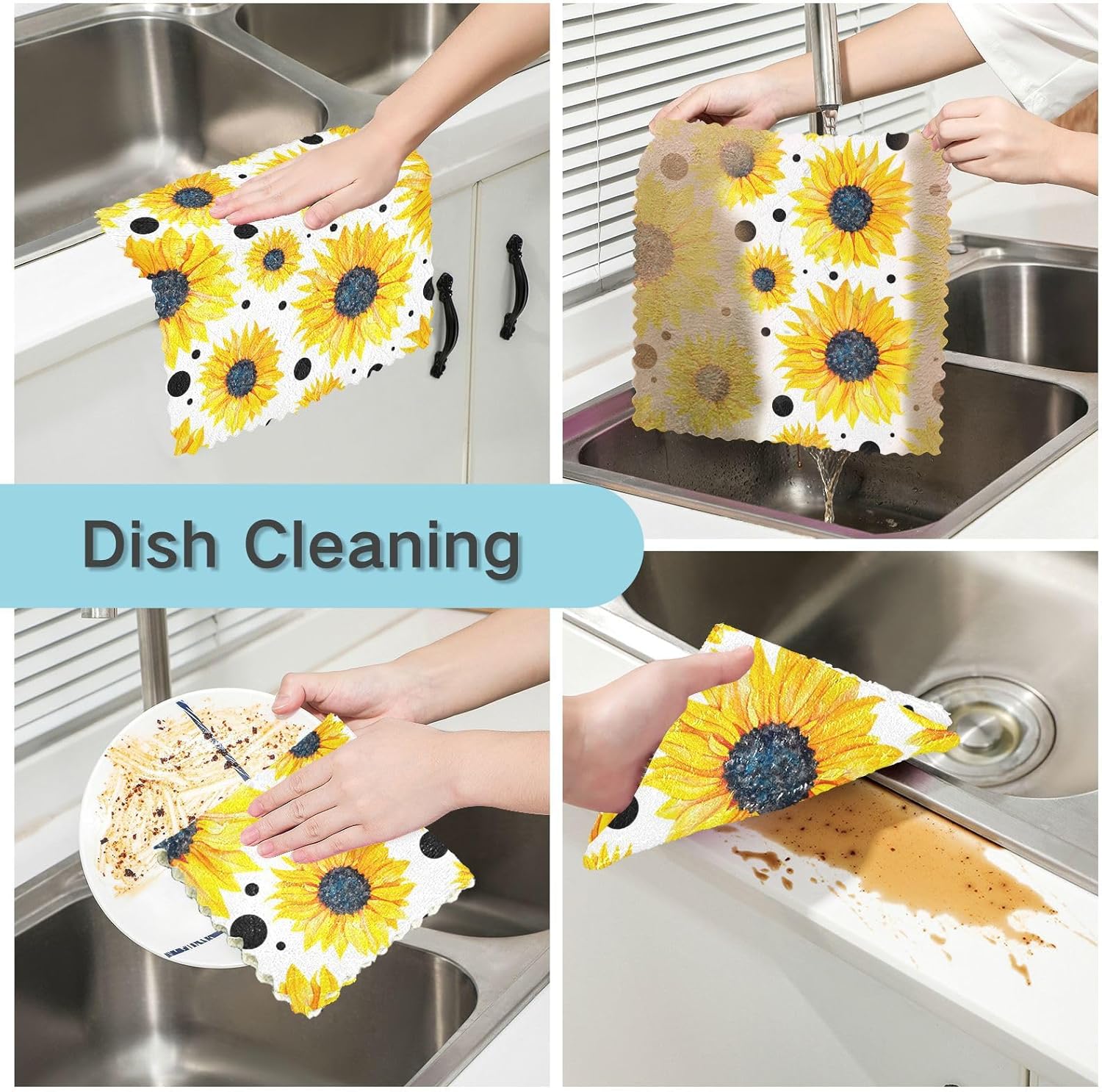 Yellow Sunflowers White Cotton Print Microfiber Dish Drying Towel Quick Dry Set of 6 Tea Towels for Kitchen for Restaurant Sink