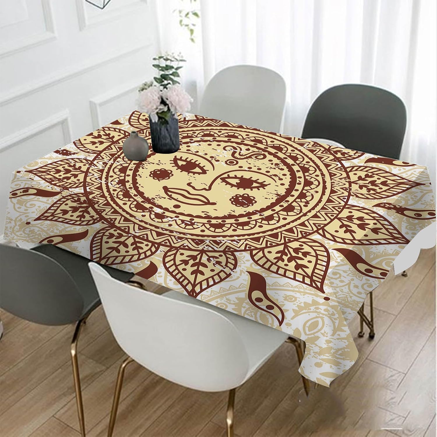 AOYEGO Mantel rectangular con diseño de mandala, diseño étnico ornamental, mito tribal, con diseño de sol dorado, 60 x 120 pulgadas, a prueba de