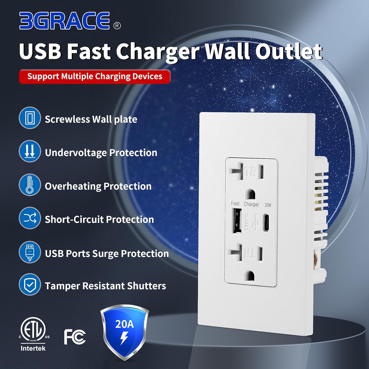 3GRACE Tomacorriente de pared USB, cargador USB con puertos USB C de 4.2 A, enchufe dúplex de 20 amperios resistente a manipulaciones con toma