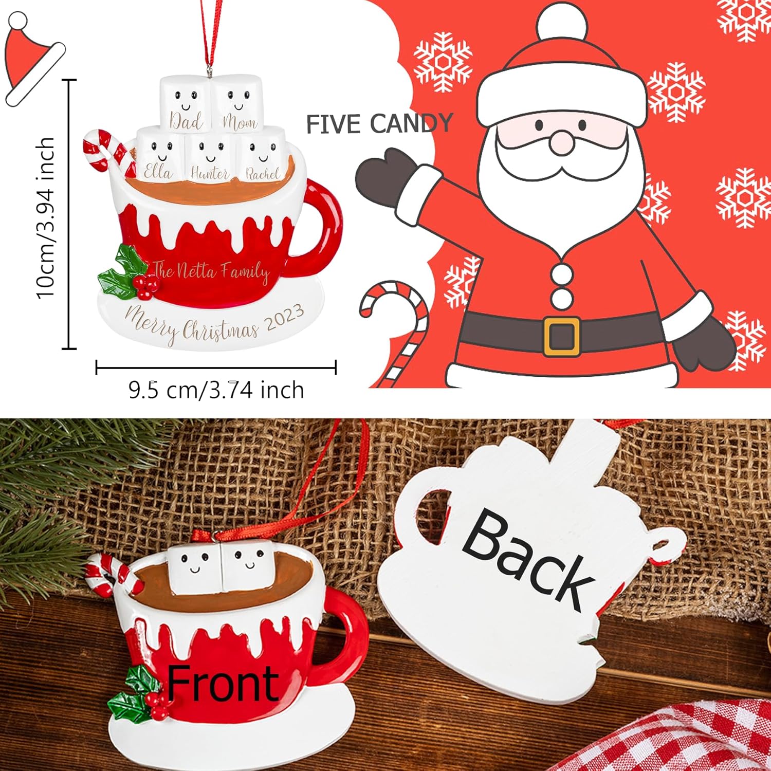 Adornos de Navidad personalizados para la familia 2023 con nombre grabado, taza de resina, decoración de árbol de Navidad, regalos para niños,