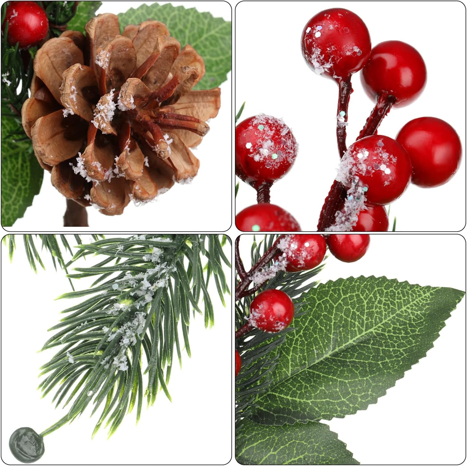 12 púas de pino nevado de Navidad, púas de bayas rojas, púas artificiales de pino de acebo, bayas falsas, conos de pino para manualidades de
