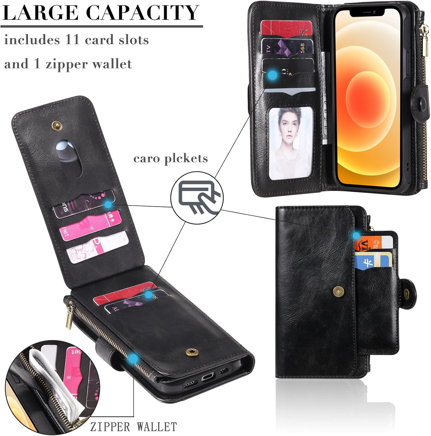 Asuwish Funda de teléfono para iPhone 12 Pro Max 6.7 con cremallera, protector de pantalla de vidrio templado y tarjetero abatible, accesorios para