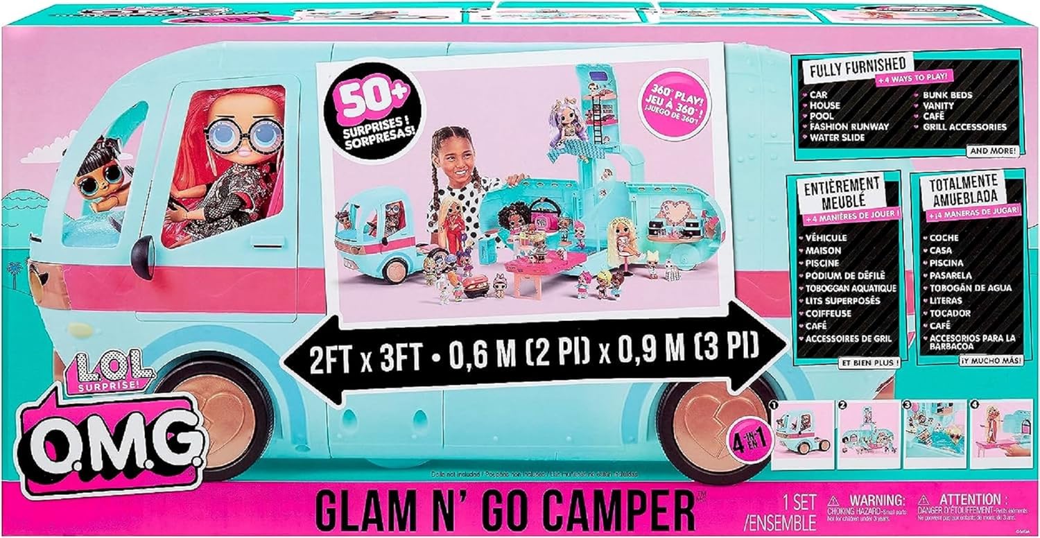 LOL Surprise OMG Glam N’ Go Camper Playset con más de 50 sorpresas y juego de 360, totalmente amueblado con piscina, tobogán de agua, literas,