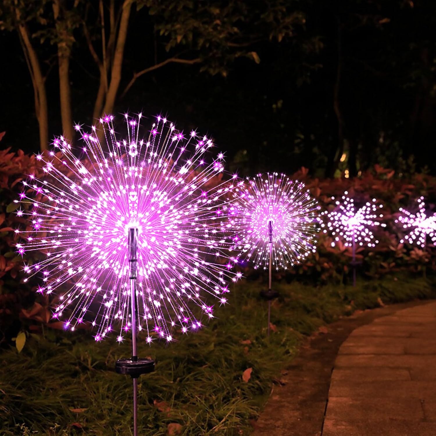 JJGoo Luces solares de jardín, luces solares de fuegos artificiales, paquete de 2, 120 LED, 2 modos de iluminación, luces solares para exteriores,