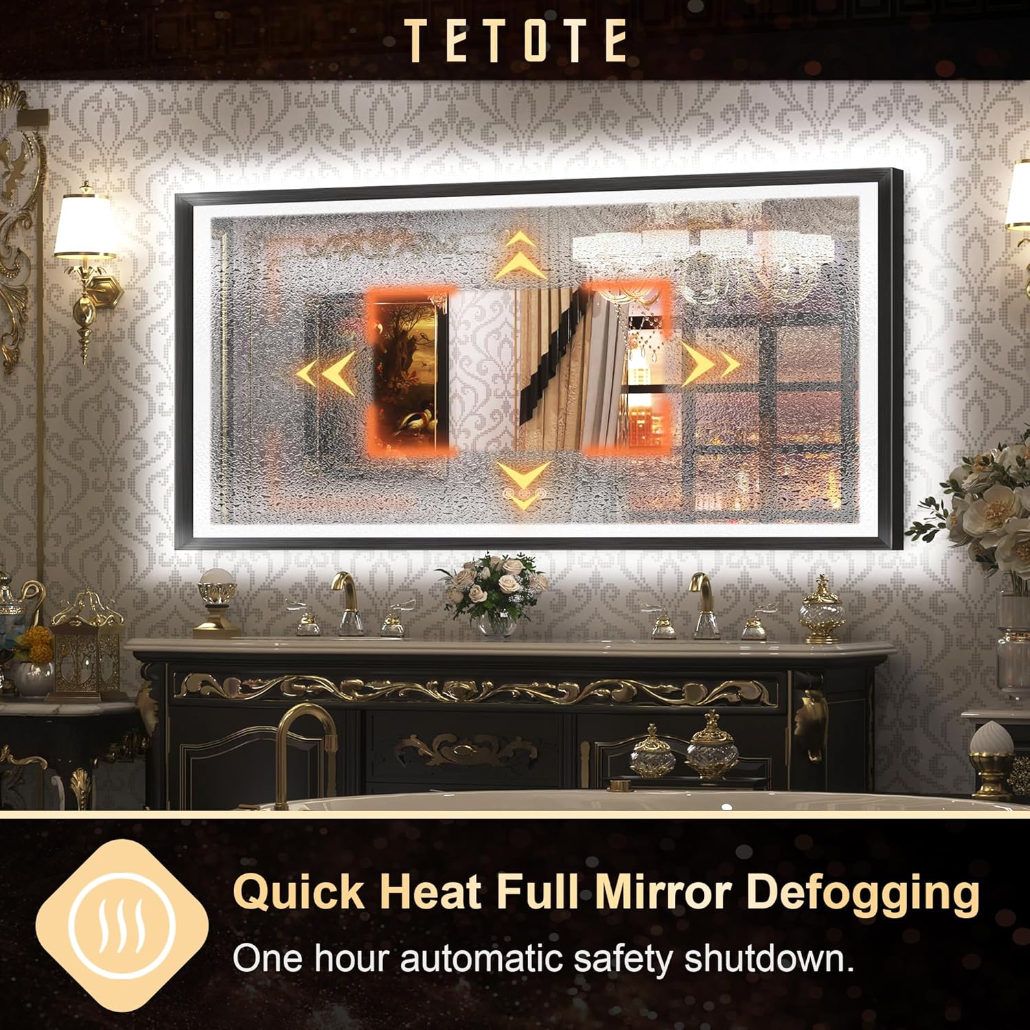 TETOTE Espejo LED de 72 x 36 pulgadas para baño, marco de metal negro frontal y retroiluminado, espejo de tocador barroco, gótico, antivaho sin