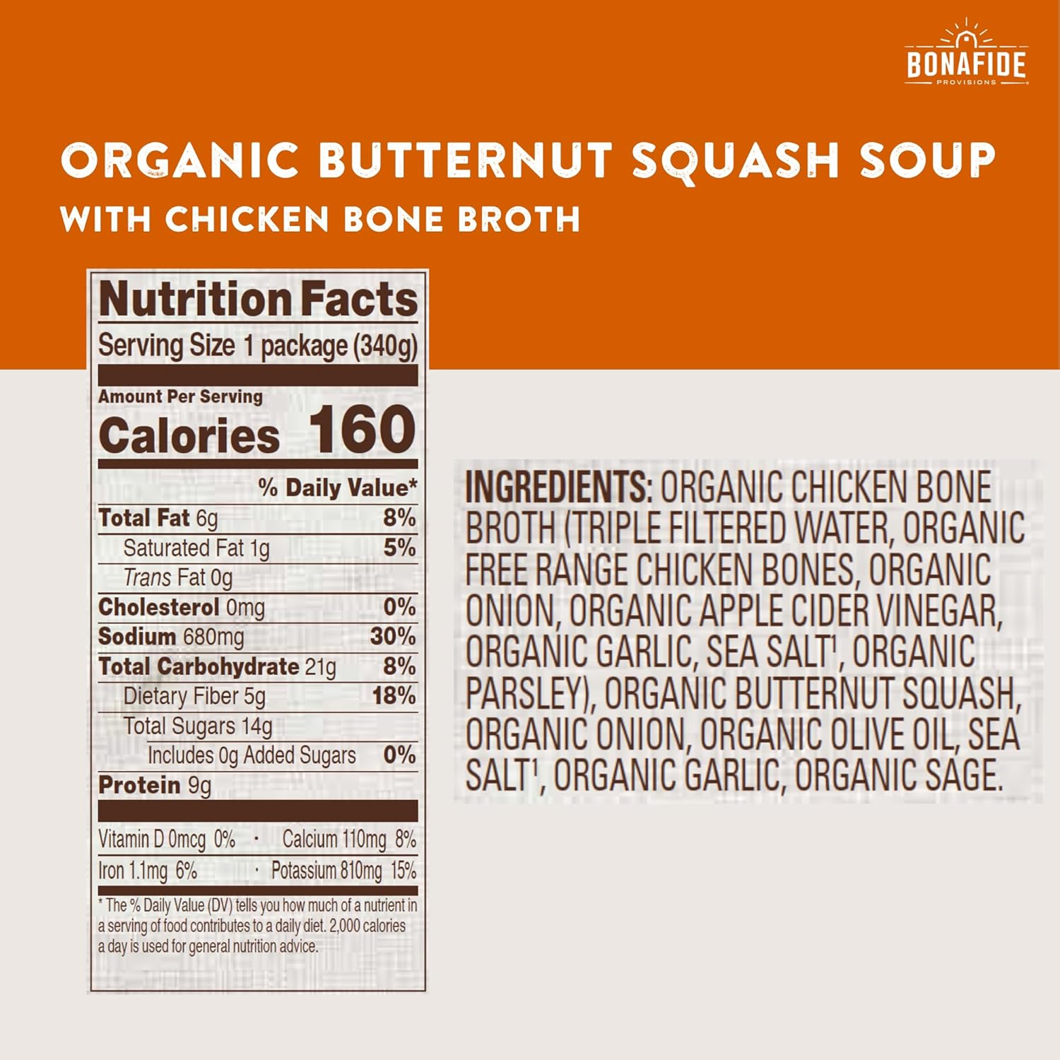Bonafide Provisions Sopa fresca de calabaza orgánica y orgánica, congelada, 12 onzas líquidas, sin gluten, paleo sin granos, aprobado por Keto y